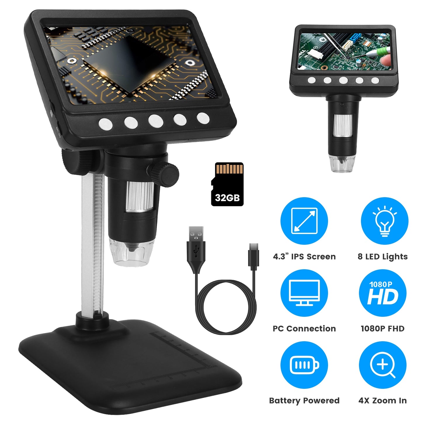 4.3Inch LCD Digital Microscope 1000X 1080P Photo Video Error Coin Magnifier with 8 Dimmable LED Lights PC Views Compatible with MacOS Windows Included