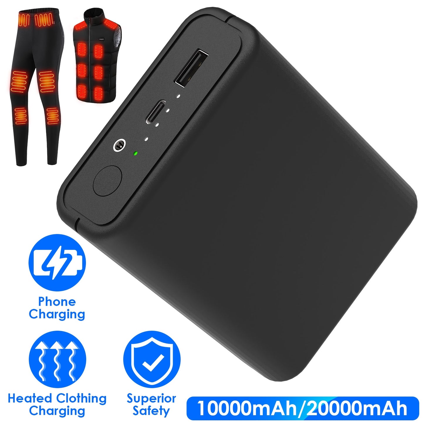20000mAh 5V 2A Power Bank for Heated Jackets Vests Pants Gloves Scarves DC 7.4V 2A Heated Clothing Replacement Battery Pack for Men Women