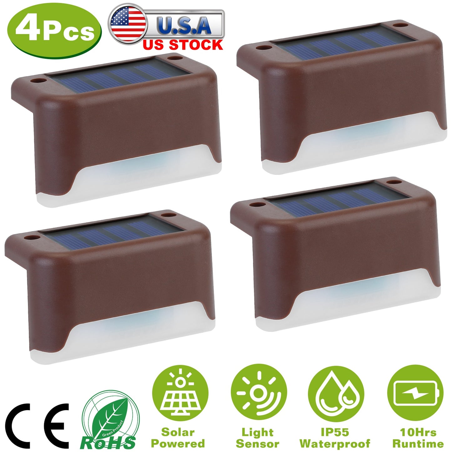 4Pcs Solar Powered LED Step Lights Outdoor IP55 Waterproof Dusk To Dawn Sensor Fence Lamps For Stairs Yard Railing