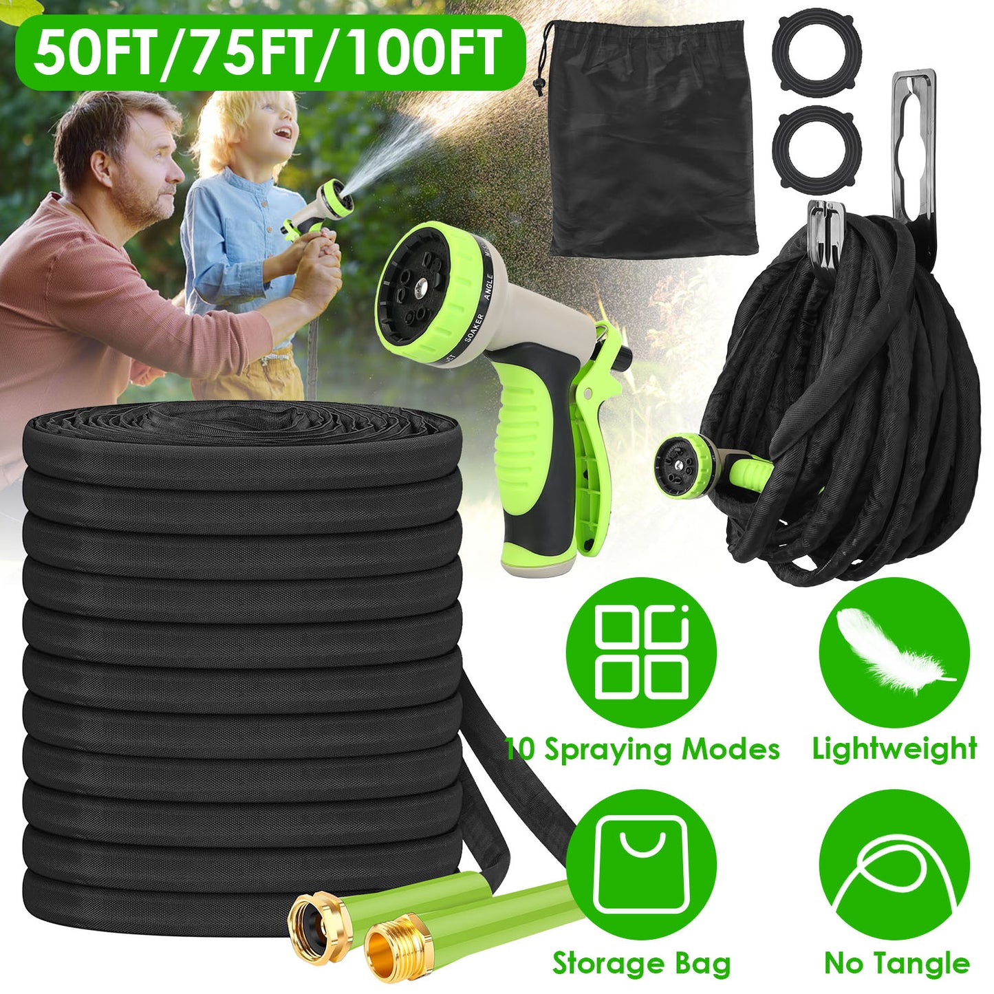 50FT Non-Expandable Garden Hose Kink-Free Lightweight Water Hose Lay Flat Garden Hose with 10 Patterns Hose Nozzle Storage Bag Hanging Hook for Outdoo