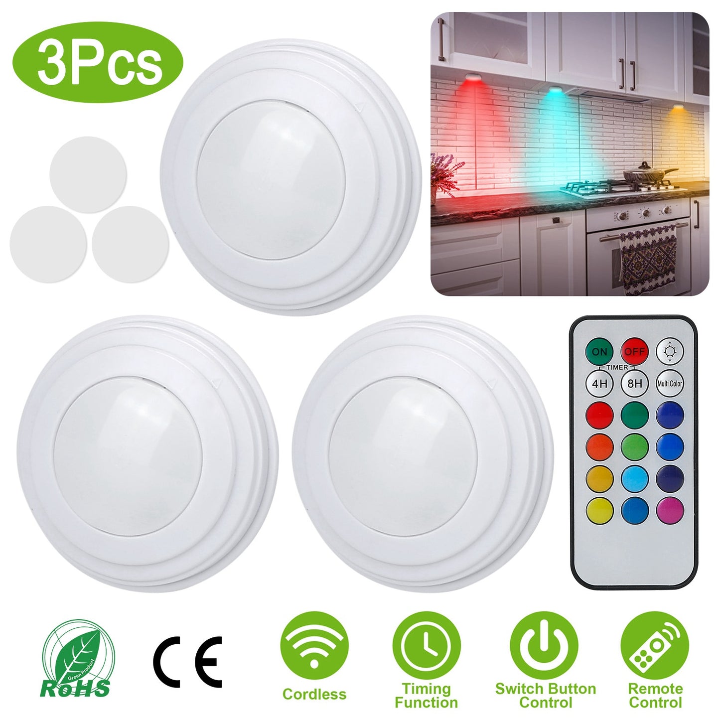 3Pcs RGB Cabinet Lights Remote Control Under Closet Stick On Lamp Multi Color LED Light Light w/ 4/8Hrs Timer