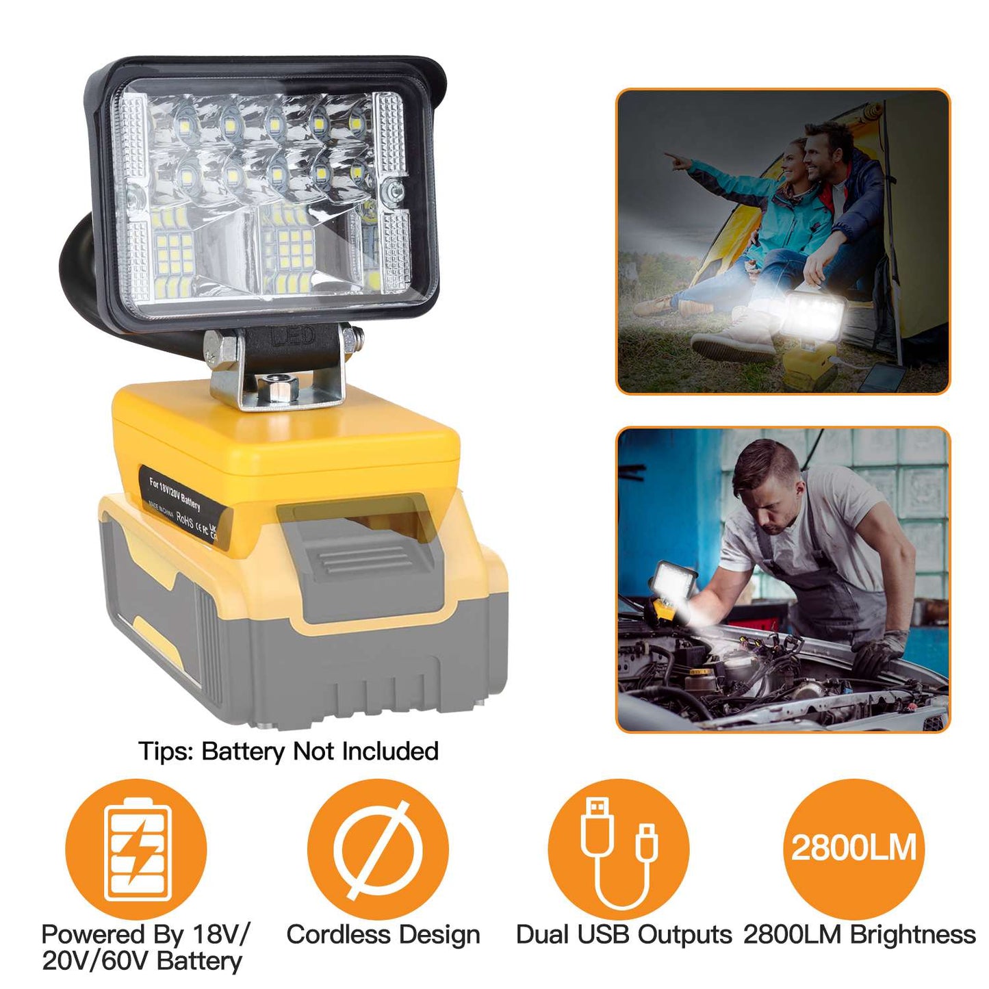 Cordless LED Work Light LED Flood Light for Dewalt 18V 20V 60V Battery 12W 2800LM with Dual USB Charging Port for Workshop Camping Outdoor Emergencies