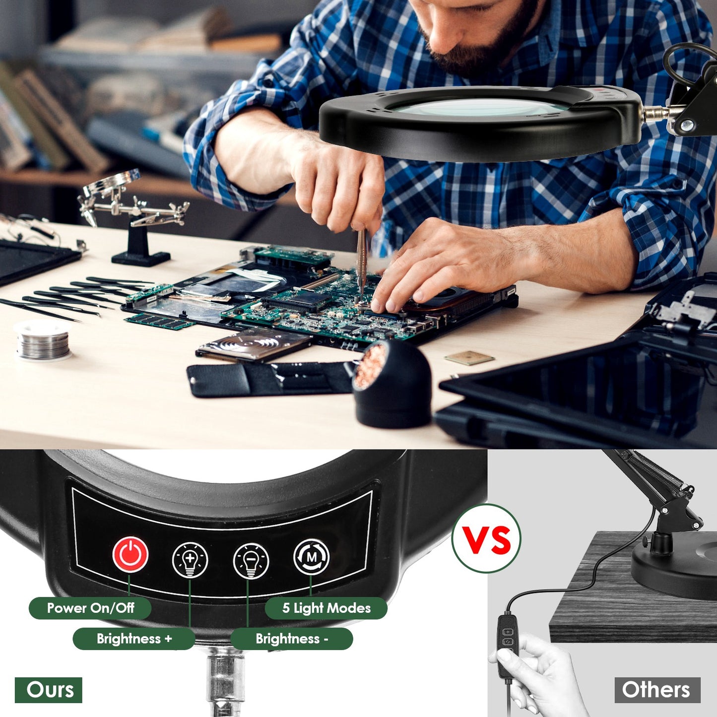 10X Magnifying Lamp – Adjustable Light, Clamp Stand, 5 Color Modes