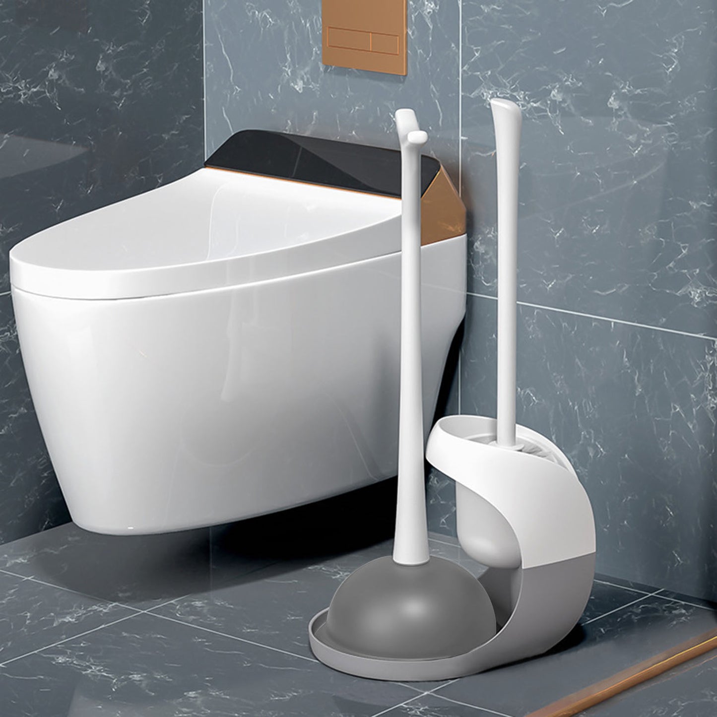 Toilet Plunger and Brush Combo Set with Ventilated Holder 2 in 1 Toilet Cleaning Tools Set with Caddy Stand for Bathroom