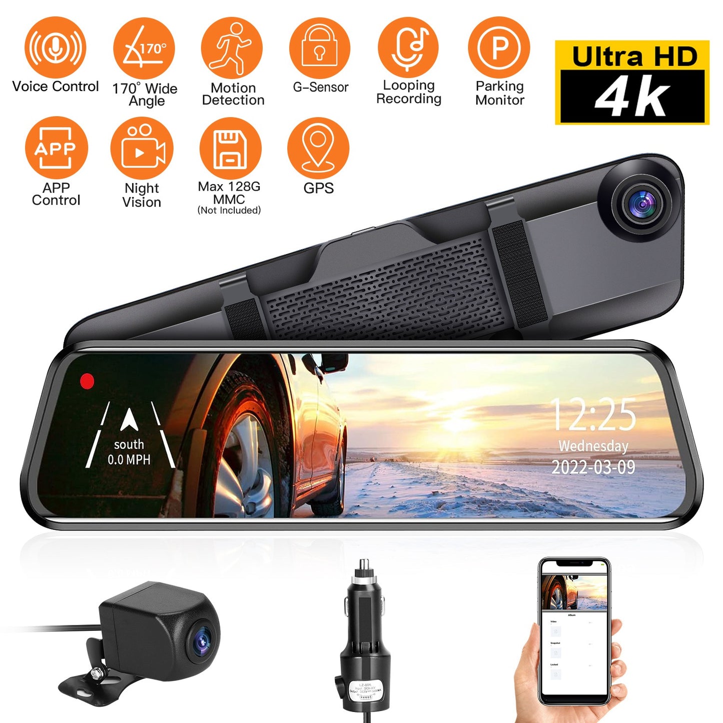 4K Car DVR 12in Dash Cam Camcorder Camera Recorder with 170¡ Angle Loop Recording Motion Detection Night Vision Voice Control APP Control G-sensor