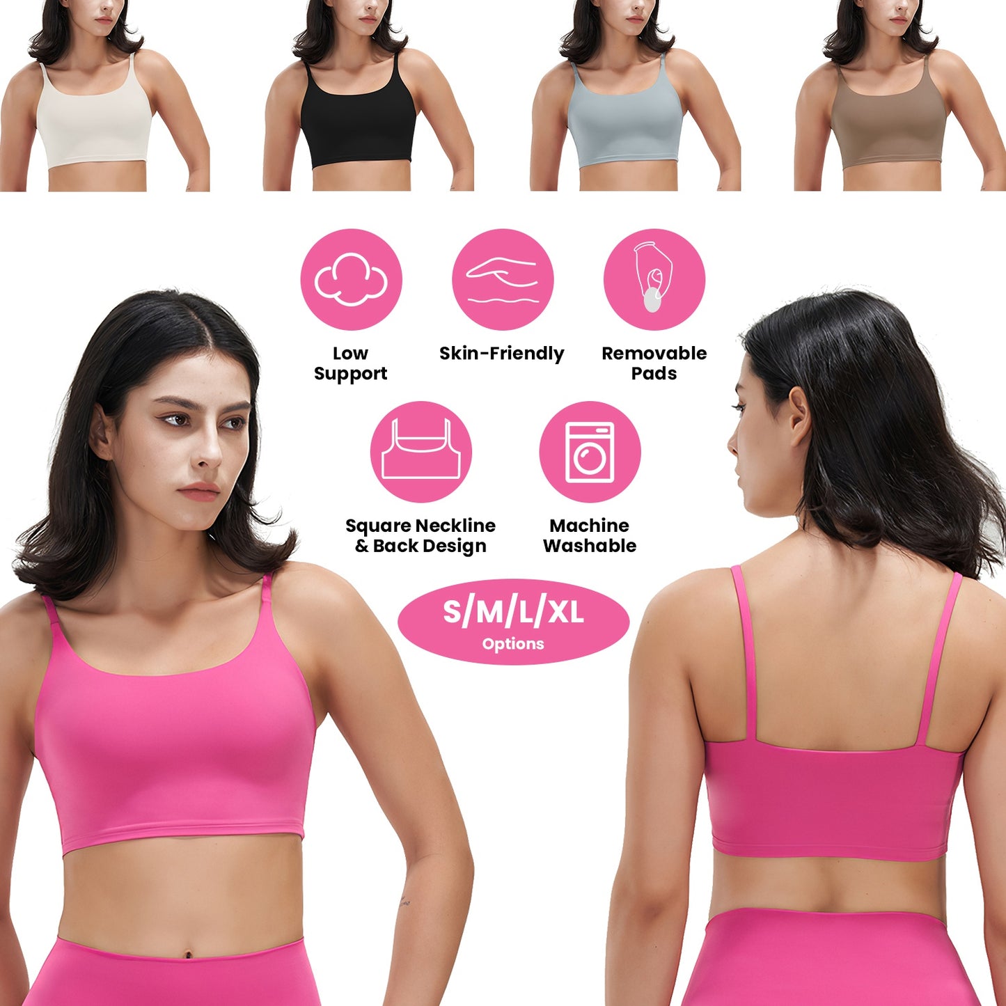 Women Strap Sport Bras Padded StrappyÊCrop Square Neck Low Impact Bras SexyÊFitnessÊTank Tops with Removable Pads Flat Straps for Gym Yoga Workout Run