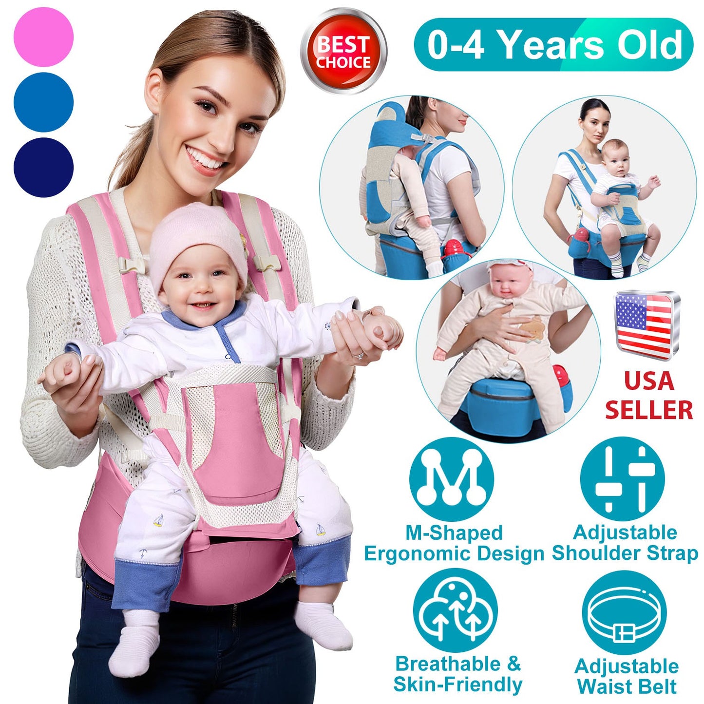 Multifunctional Baby Carrier With Hip Seat Head Hood Front Back Side Carrying All Position Ergonomic Adjustable Infant Carrier For 0-4 Years Old Newbo