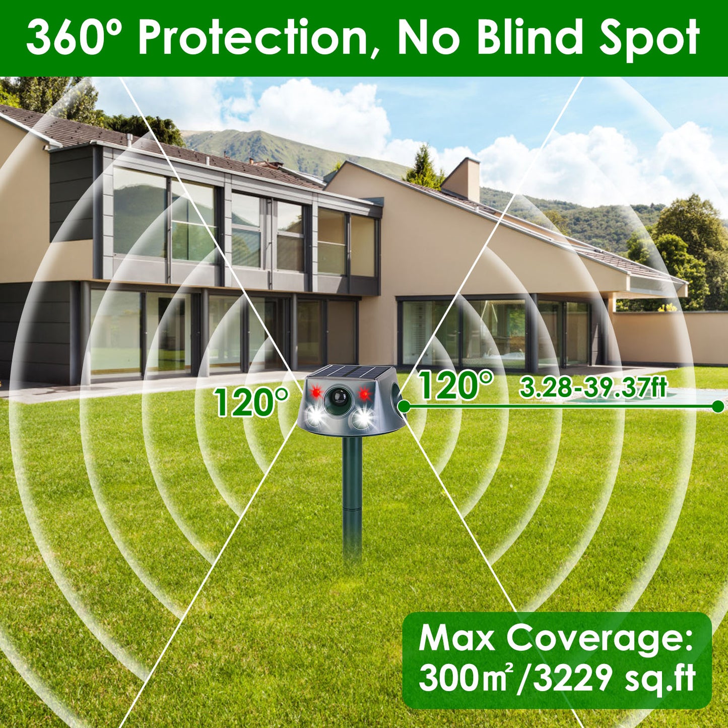 Ultrasonic Solar Animal Repeller Outdoor Mole Snake Squirrel Repellent Waterproof Bird Deer Dog Cat Deterrent with 3 Modes Motion Sensor Vibration Sta