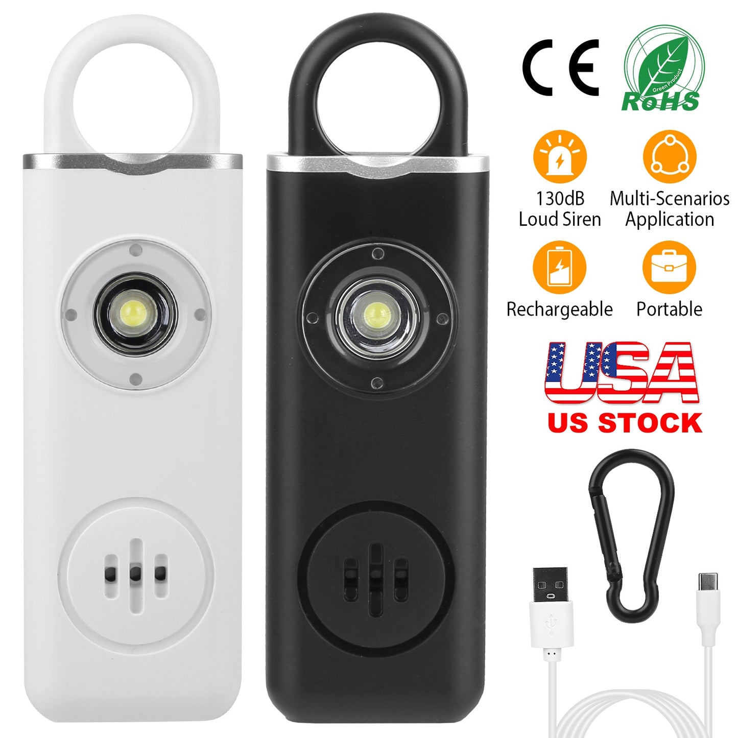 Rechargeable Personal Safety Alarm Portable 130dB Self-defense Siren with Strobe Light LED Light Carabiner Emergency Escape Tool for Women Kids Elderl