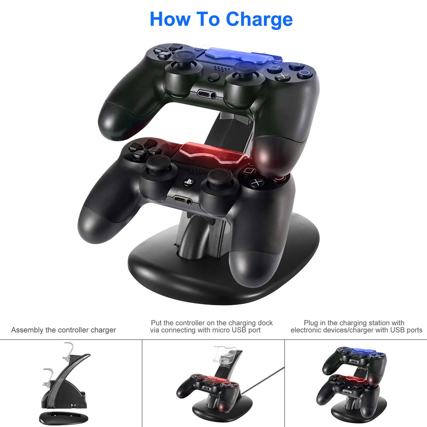 Charging Dock Station Dual Micro USB Charger Stand For PS4 Pro/PS4 Slim Gamepad Controller Handle Charging Station w/ Blue Indicator Game Lovers