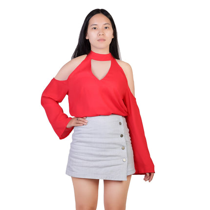 Women\'s Sexy Off The Shoulder Blouses Cold Shoulder Tops V-Neck Long Sleeve T-Shirt Solid Color Summer