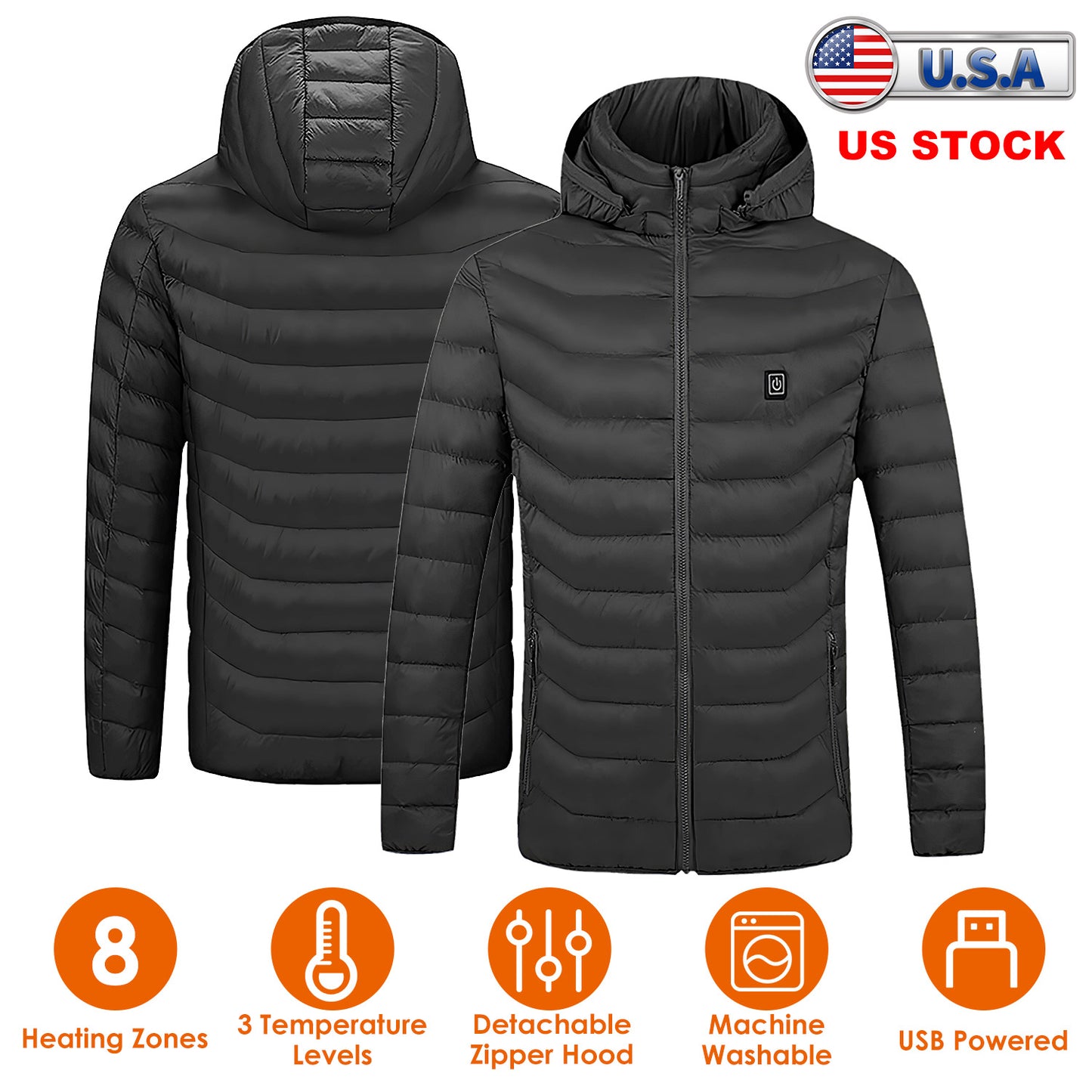 Heated Jacket Electric Heating Coat Lightweight Winter Hooded JacketÊwith 3-Level Heating Modes 8 Heating Zones Detachable Zipper Hood
