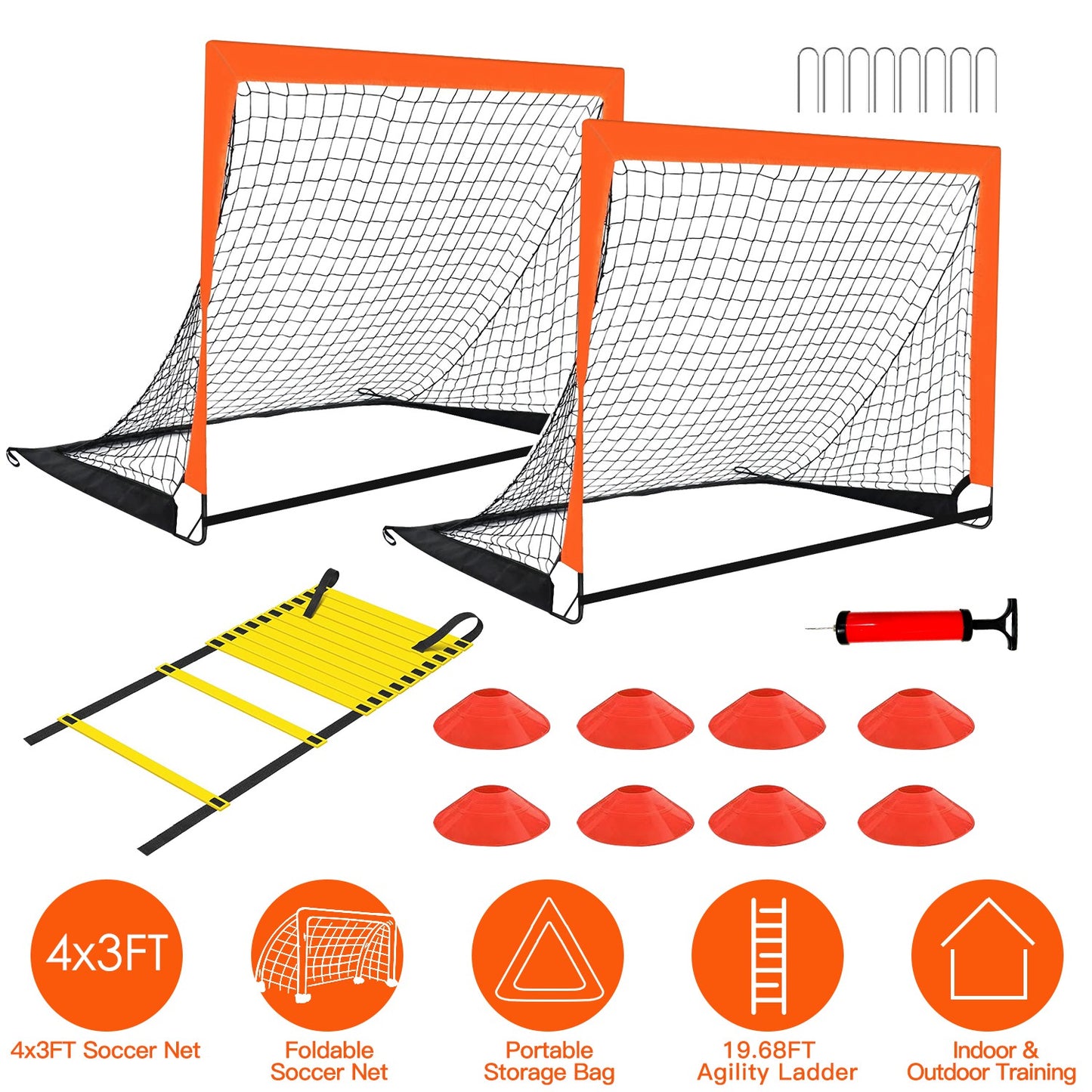 Kids Soccer Goal Training Equipment Set For Backyard Foldable 4x3FT Soccer Net Agility Ladder Inflatable Soccer Field Cones Portable Soccer Practice N