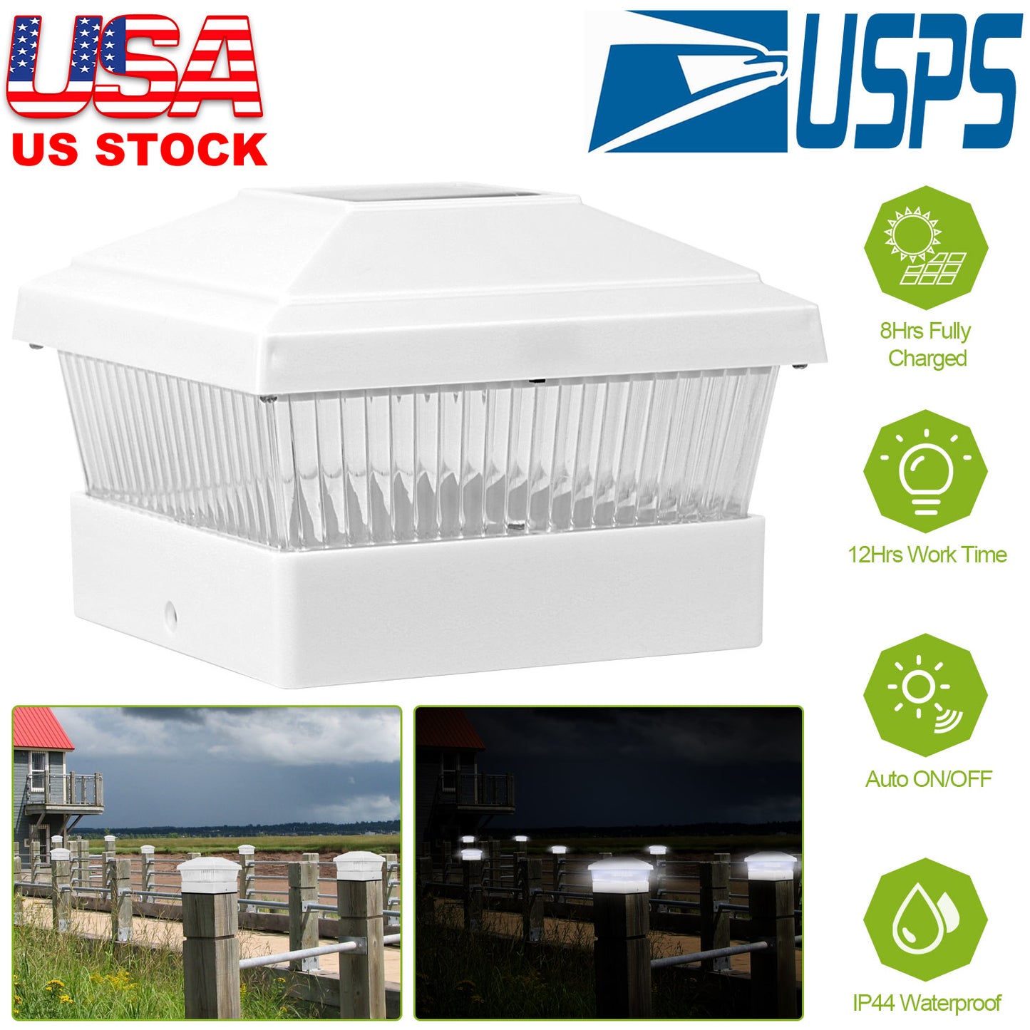 Solar Post Lights Garden Post Cap Light Solar LED Night Light White LED Lighting for 5x5 Inch Wood Post Fence Deck Patio-White