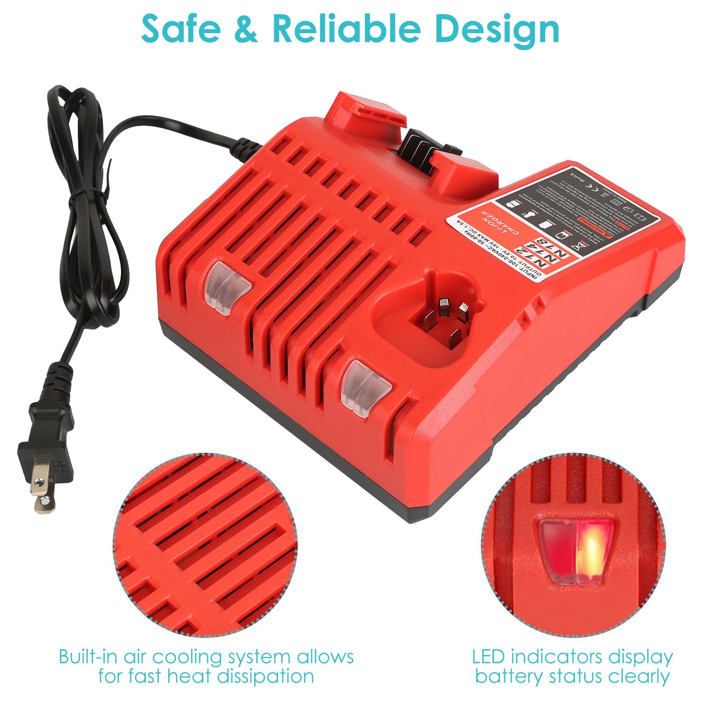 M12 M18 Rapid Fast Charger Fit for Milwaukee 10.8-18V Battery 48-59-1812 48-59-1808