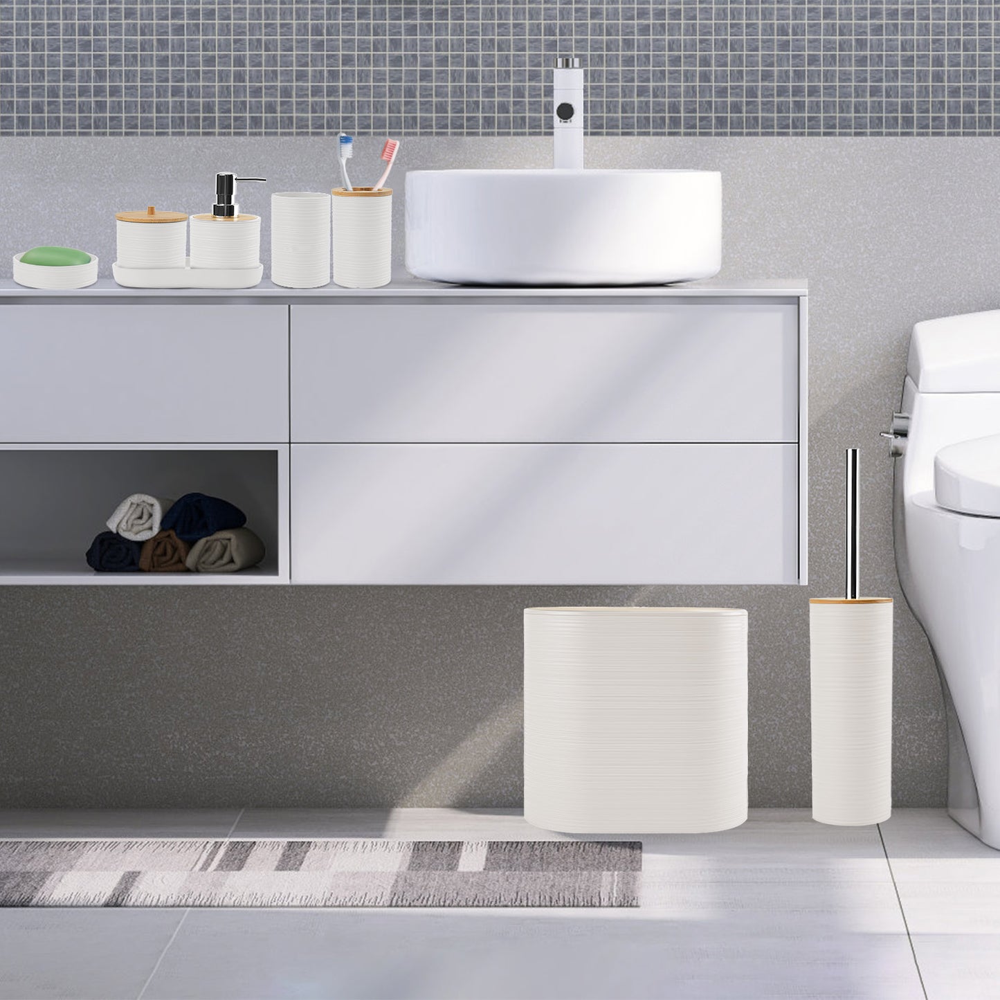 8Pcs Bathroom Accessories Set Bathroom Holder Set with Soap Dispenser Toothbrush Holder Cup Soap Dish Toilet Cleaning Brush Trash Can Qtip Holder Vani