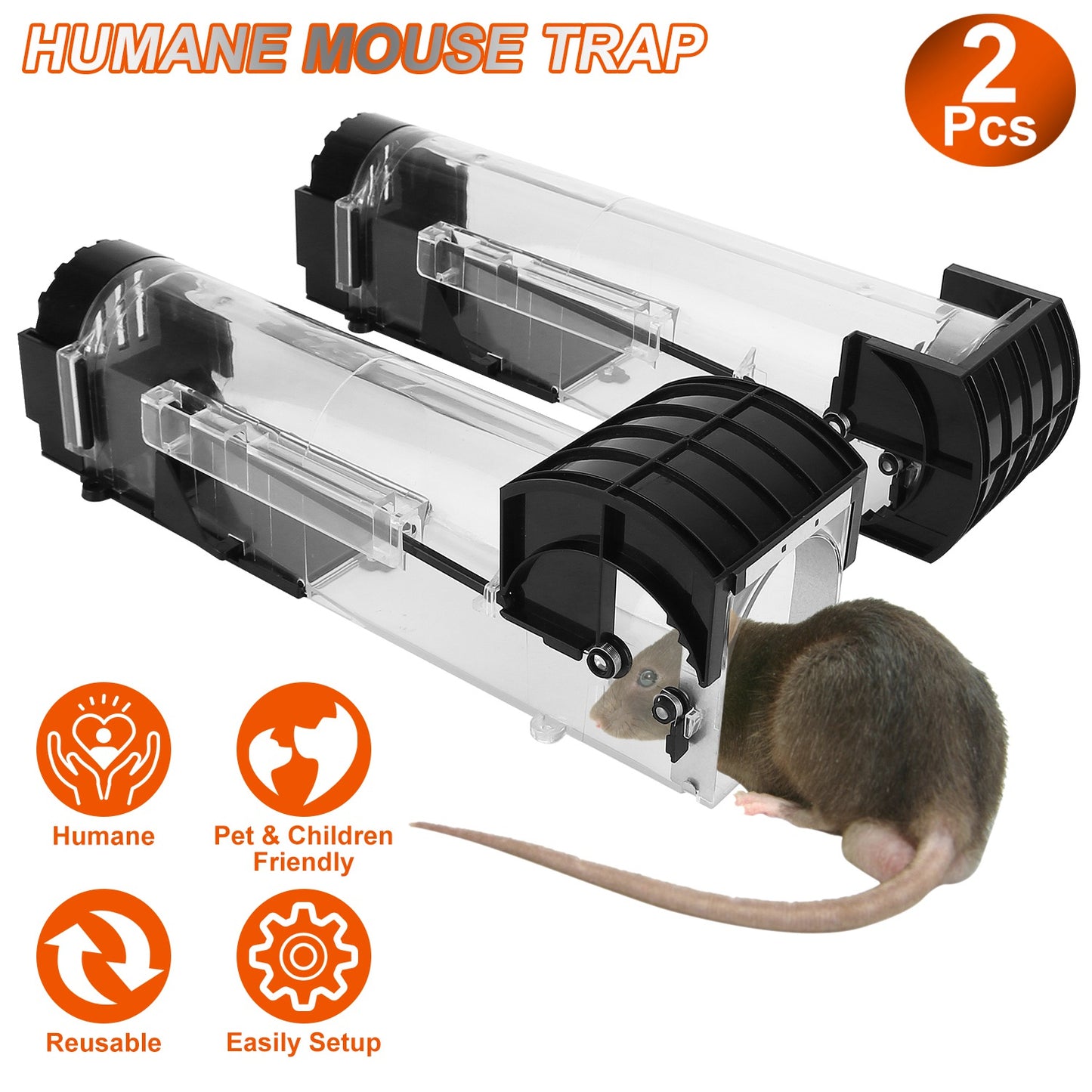 2Pcs Humane Live Mouse Trap Reusable Rat Rodent Trap Catch Release Cage Safe for Family Children Pets Easy Setup