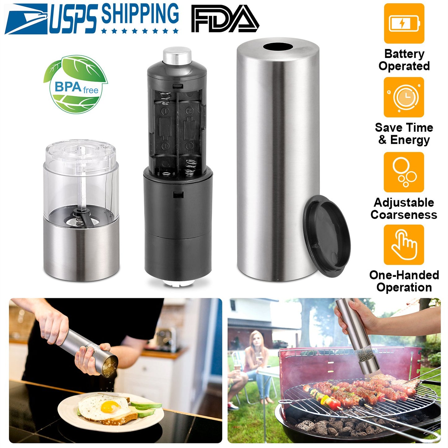 Electric Salt Pepper Grinder with Light Adjustable Coarseness Stainless Steel Salt Pepper Shaker Battery Operated Pepper Grinder Mill Easy Refill and
