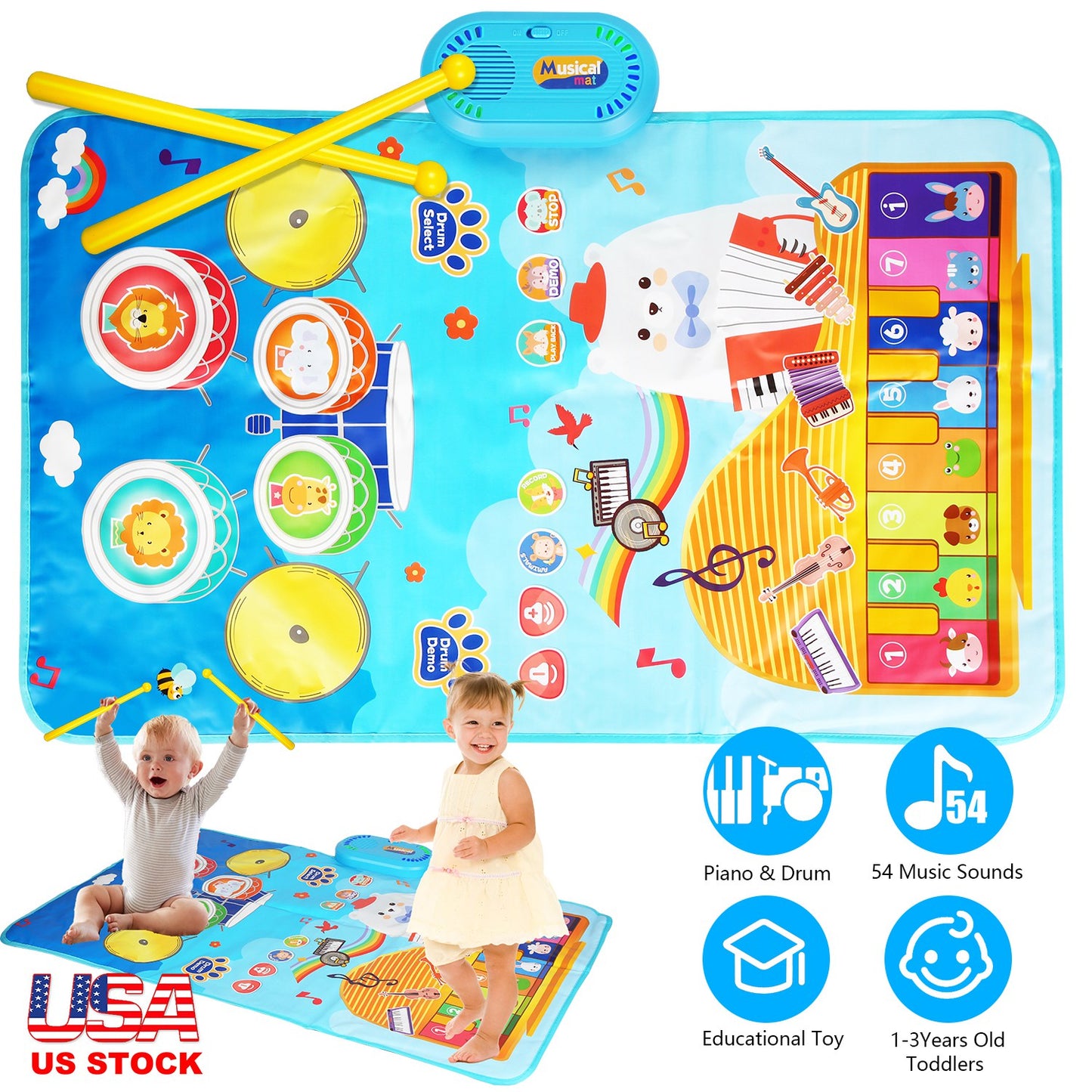 Baby Musical Mat With 55 Music Sounds Toddler Toys Floor Piano Keyboard Mat Drum Mat Carpet Educational Musical Learning Toy Infant Music Toy for 1 2