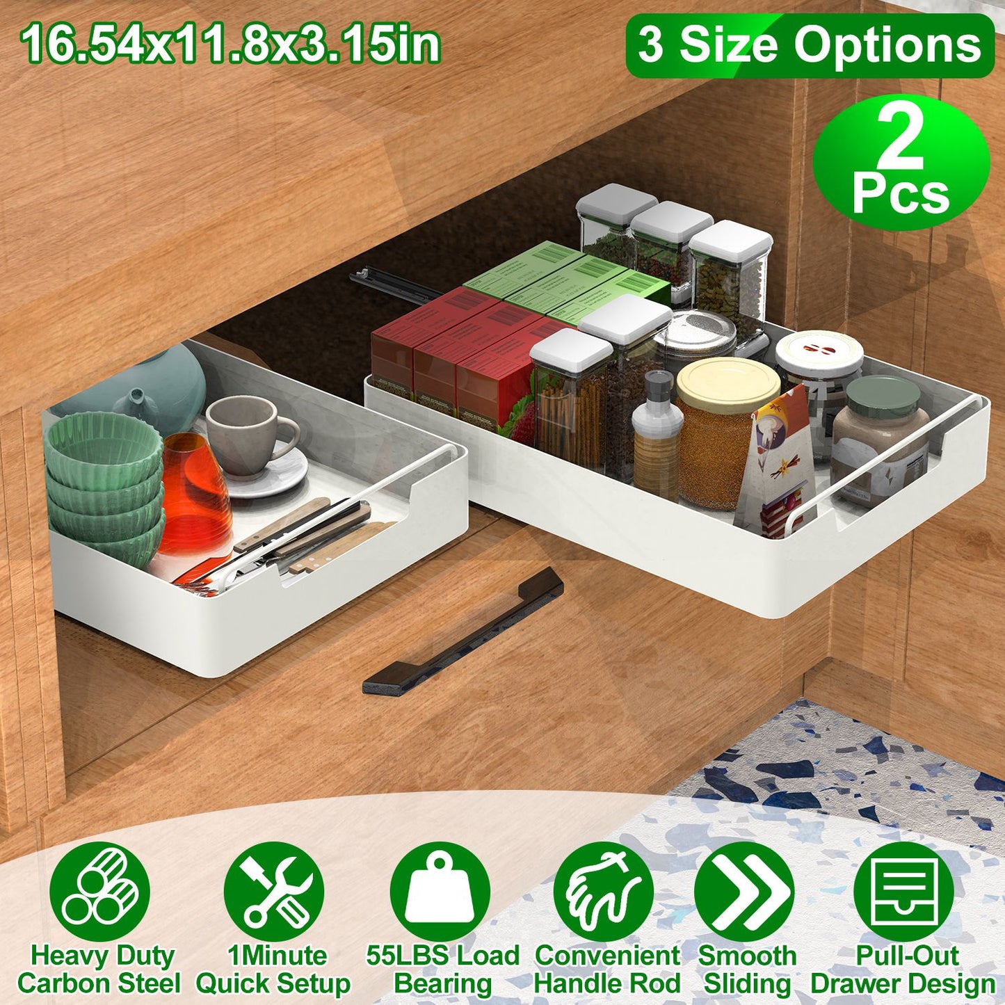 2Pcs Pull Out Cabinet Organizers Sliding Shelf Spice Rack Carbon Steel Roll Out Drawers Fixed with Adhesive Nano Film with Handle 55LBS Max Load