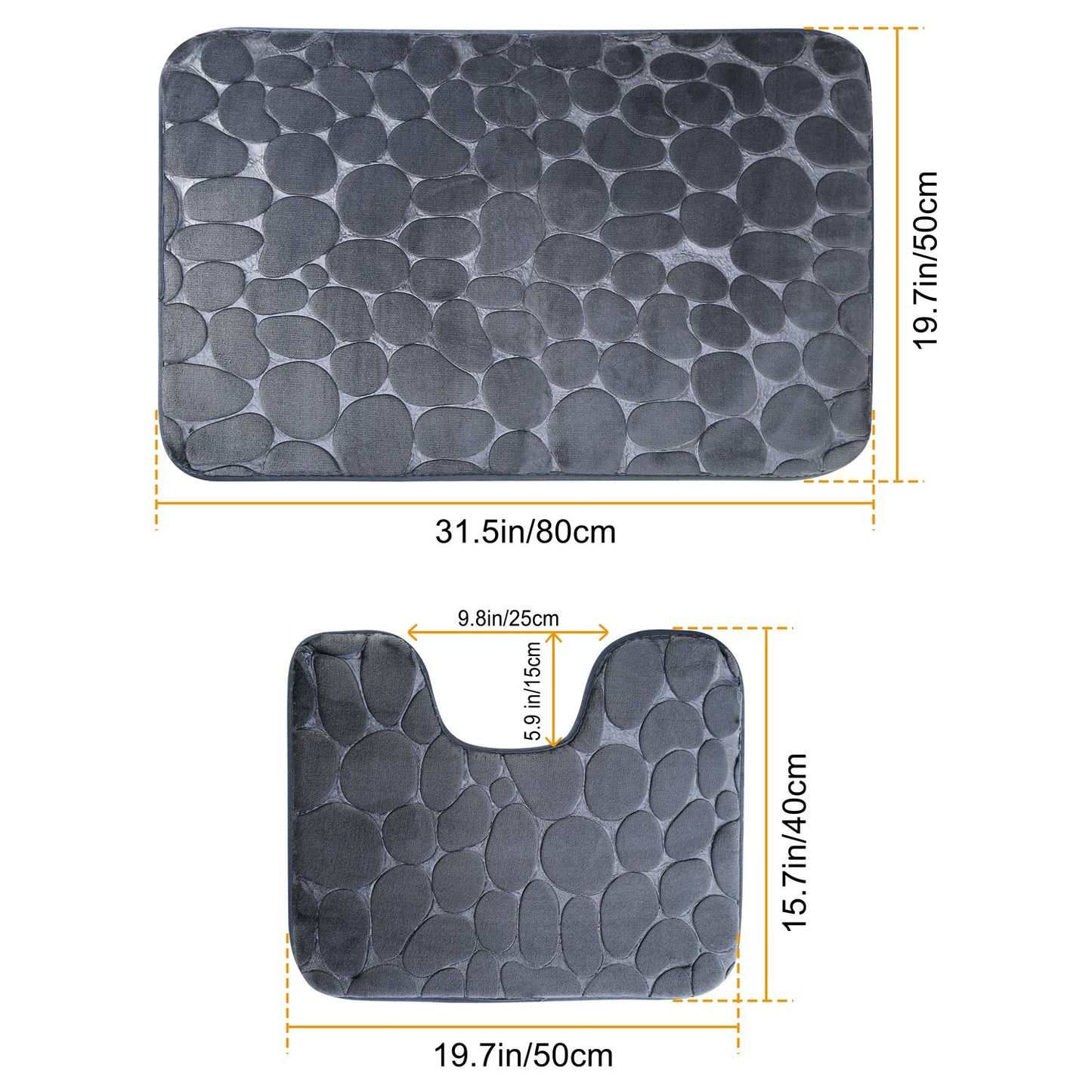 2 Pcs/Set Bathroom Rugs Luxury Flannel Non-Slip Bathroom Rugs Set Soft Pebbles Shower Absorbent Carpet U-Shaped Toilet Mat Washable for Bathroom Entra