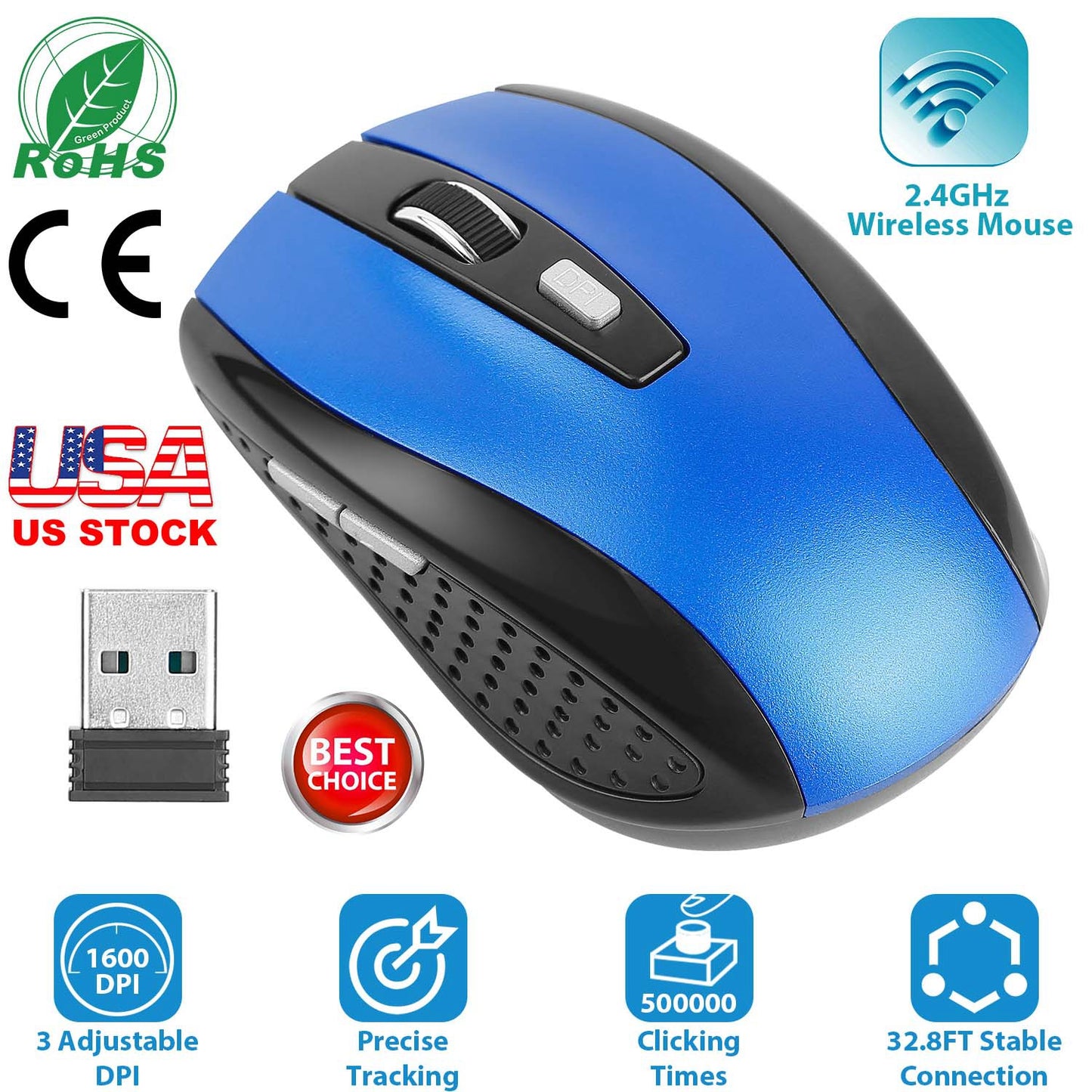 2.4G Wireless Gaming Mouse Optical Mice w/ Receiver 3 Adjustable DPI 6 Buttons For PC Laptop Computer Macbook