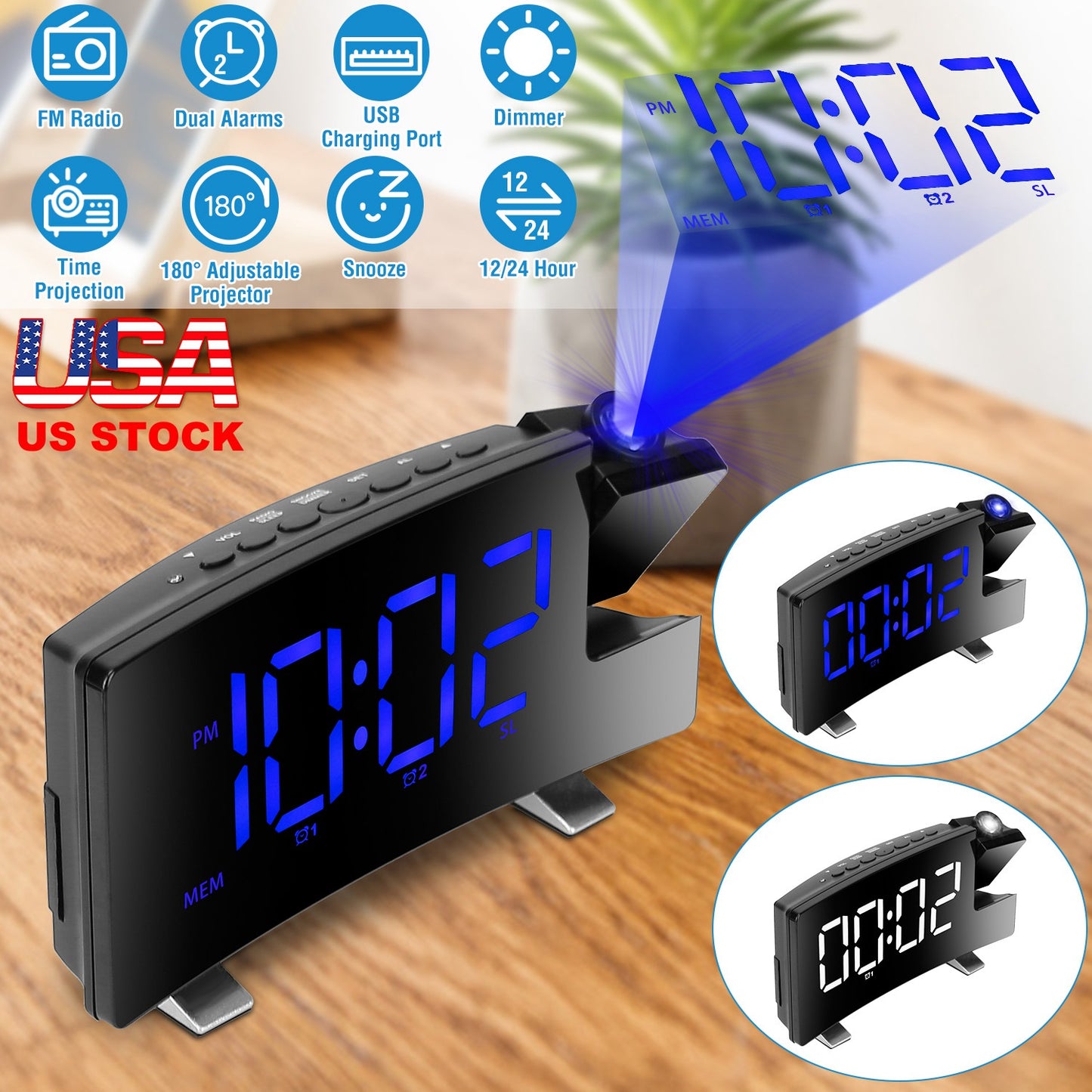 Projection Alarm Clock with Radio Function 7.7In Curved-Screen LED Digital Alarm Clock w/ Dual Alarms 4 Dimmer 12/24 Hour USB Charging Port 180¡ Rotat