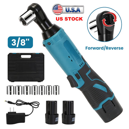 3/8” Cordless Electric Ratchet Wrench Set Right Angle Wrench with 2Pcs 1200mAh Batteries and Charger 7 Sockets 400RPM