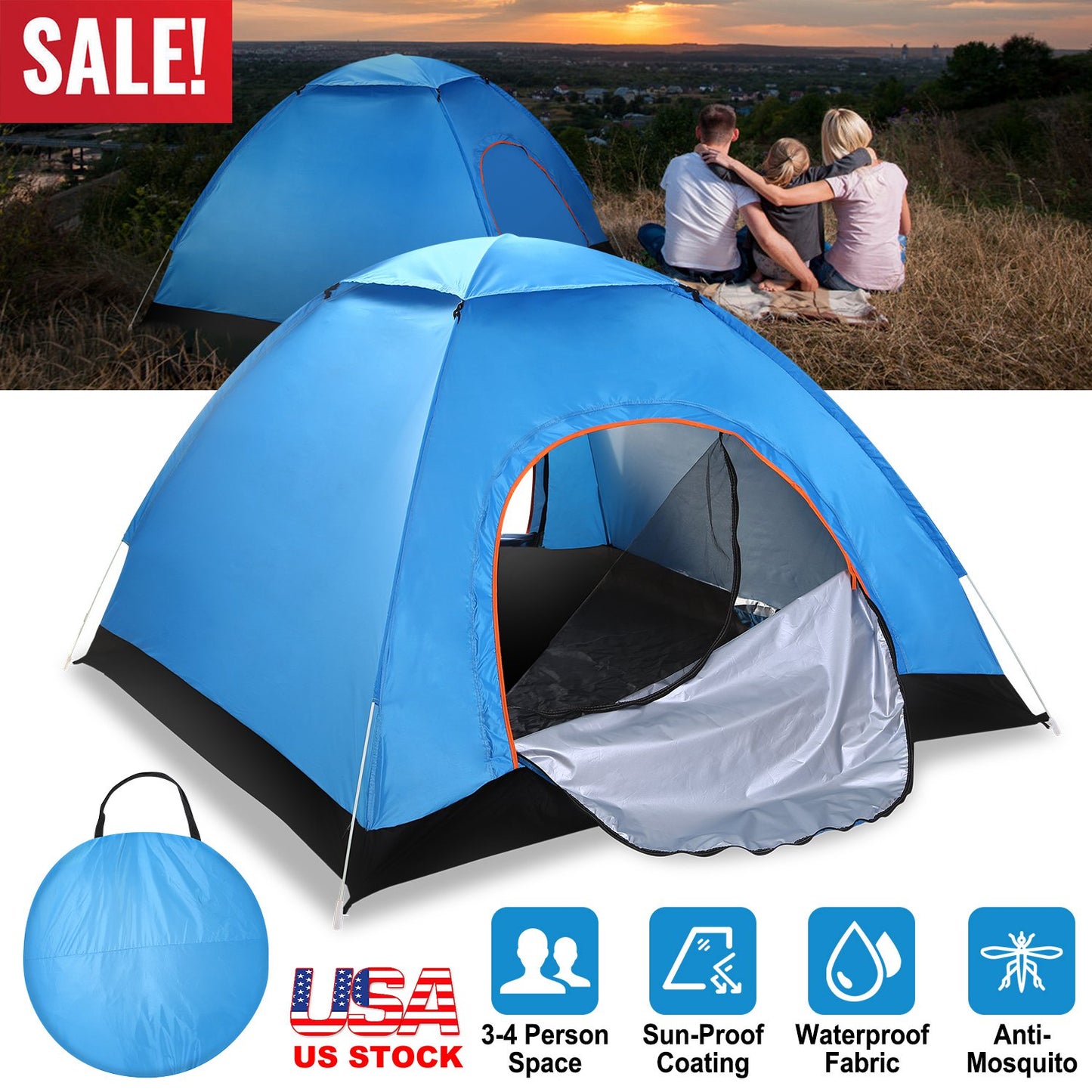 4 Persons Camping Waterproof Tent Pop Up Tent Instant Setup Tent w/2 Mosquito Net Doors Carrying Bag Folding 4 Seasons for Hiking Climbing Adventure F