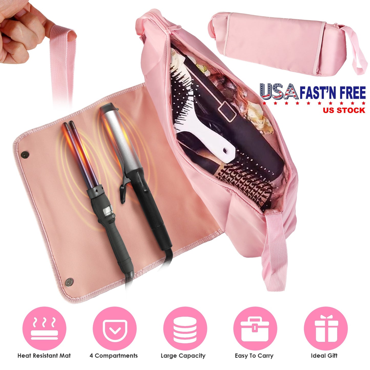 2 In 1 Hair Tools Travel Bag and Heat-resistant Mat Curling Iron Travel Case Hair Tool Pouch Holder Organizer for Curling Iron Straightener Hair Dryer