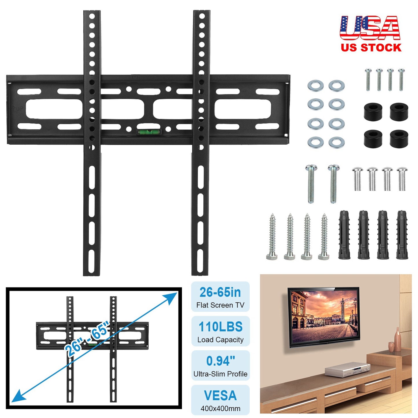 TV Wall Mount Bracket for 26-65in LED/LCD/PLASMA Flat TV VESA 400x400mm