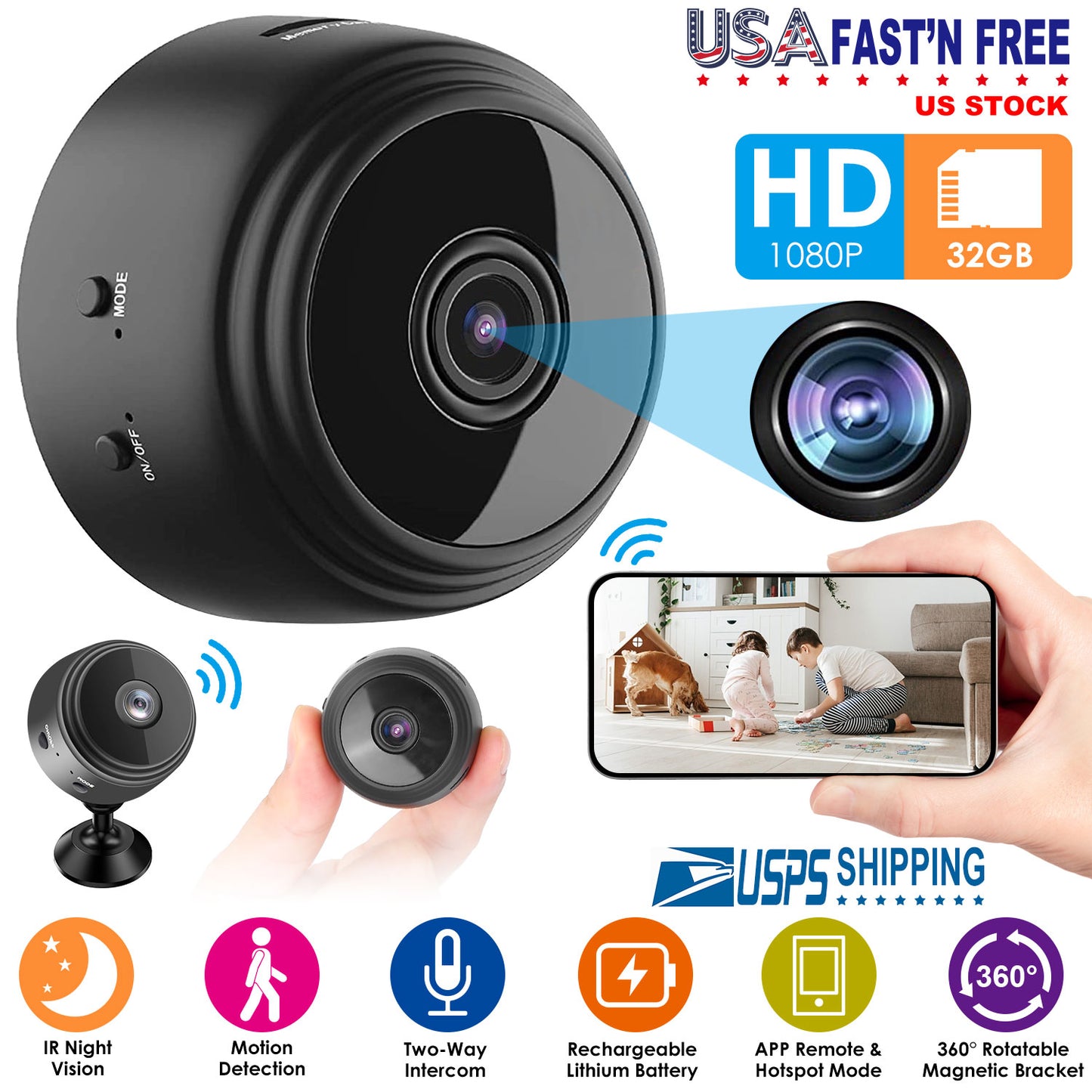 Mini CameraÊWireless Wifi IP Home Security Cam 1080P Full HD Surveillance Camera Nanny Cam w/ 32G MMC Card