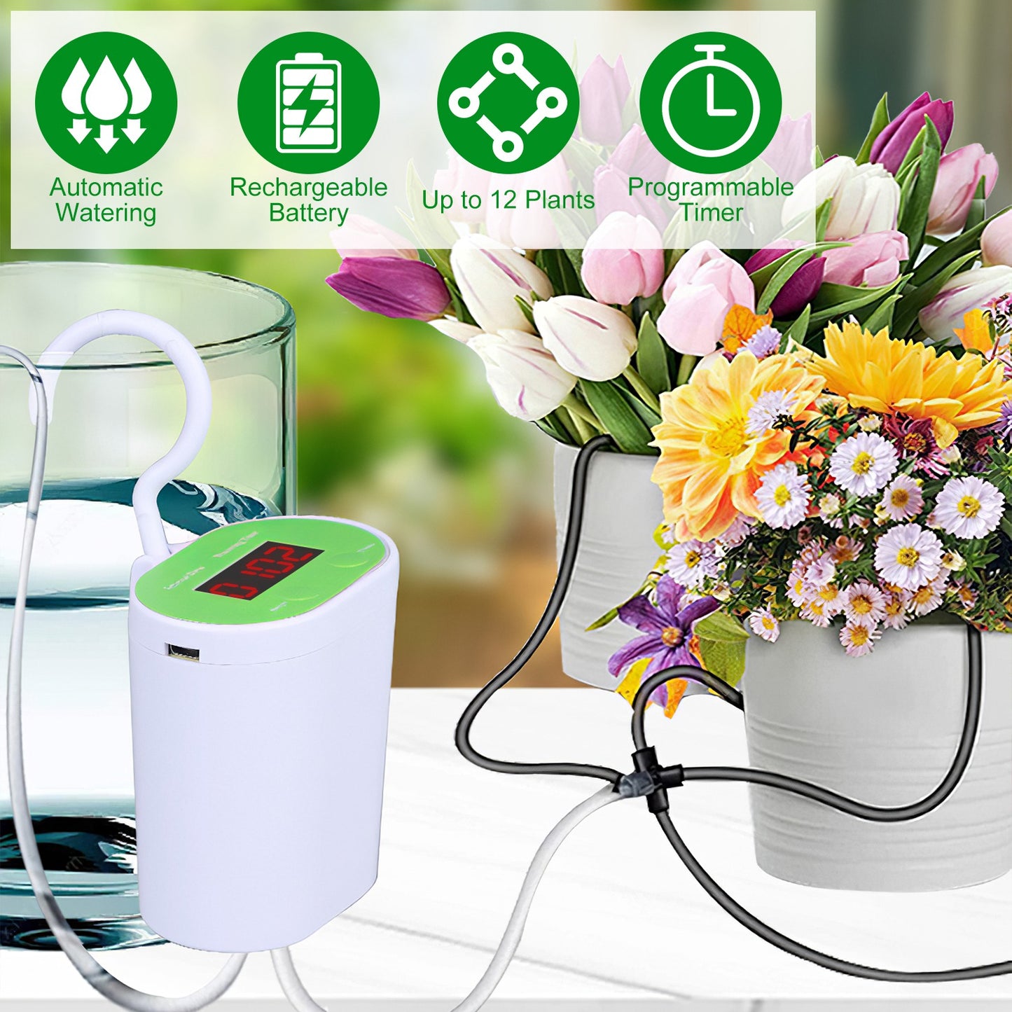 Automatic Watering System Kit With Timer Pump Device For 12Plants Rechargeable Battery Programmable Plant Watering Timer Drip Irrigation System For In
