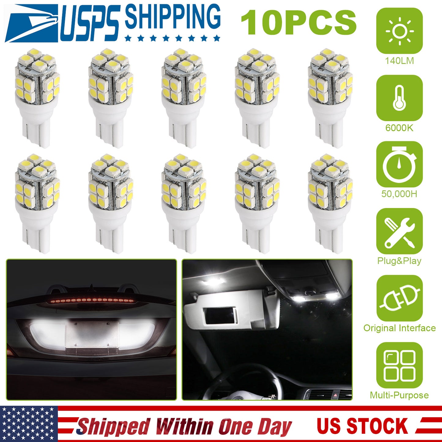 10Pcs 12V T10 LED Light Bulb Wedge Base Interior Dome Map LED Lights License Plate Trunk Side Positioning Lights 6000K White