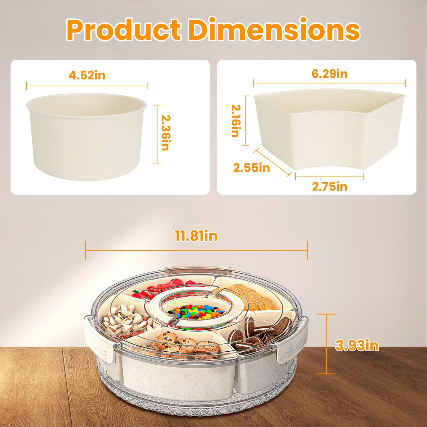 2Pcs Divided Serving Tray with Lid and Handle 360¡ Rotatable Snack Box Container with 6 Dividers Clear Portable Snack Platters for Fruit Candy Nut Sna