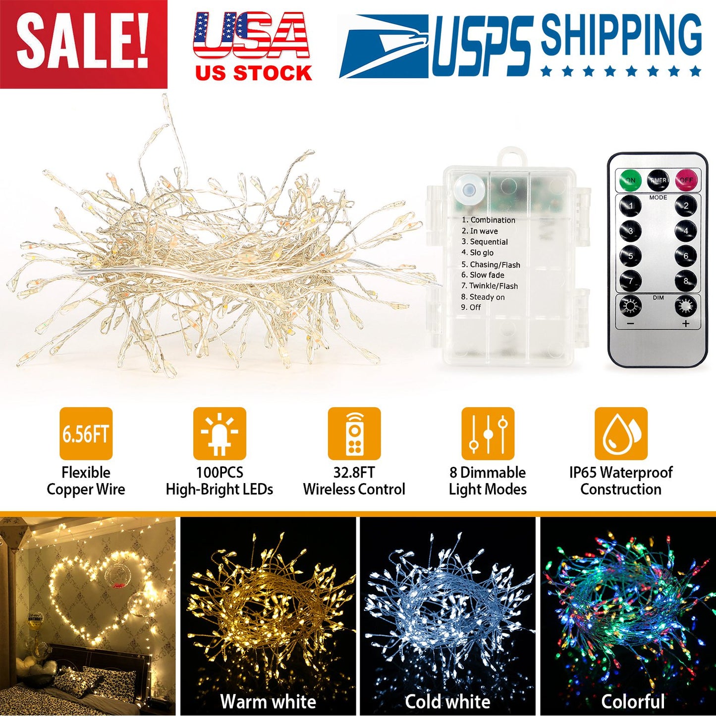 2M 100 LED Fairy String Lights Copper Wire w/Remote Control Party Xmas Decore Lights