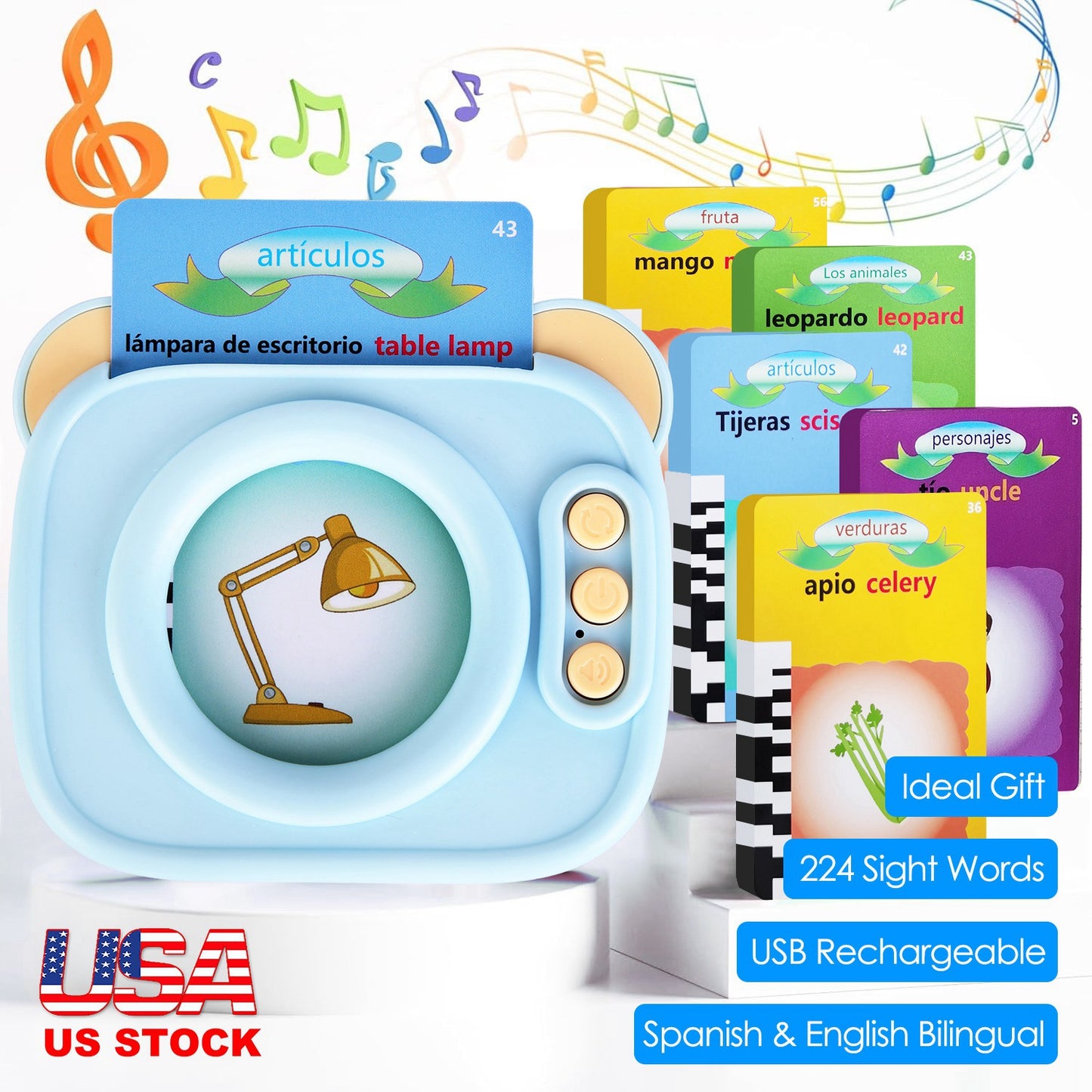 Spanish & English Talking Flash Cards 224 Sight Words Bilingual Flash Cards Rechargeable Card Early Education Device Educational Toy for Boys Girls Ag
