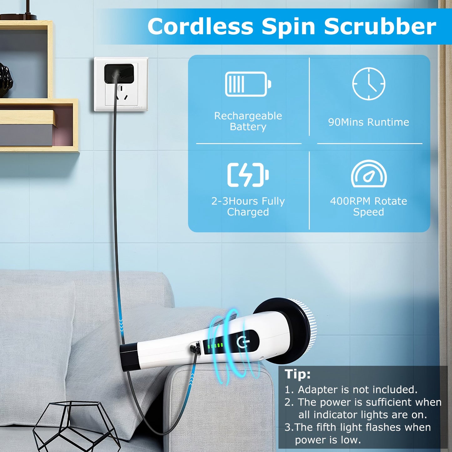 Electric Spin Scrubber Cordless Rechargeable Telescopic Cleaning Brush 8 Replaceable Heads 2 Speed Adjustable Extension Arm Bathroom Tub Tile Floor