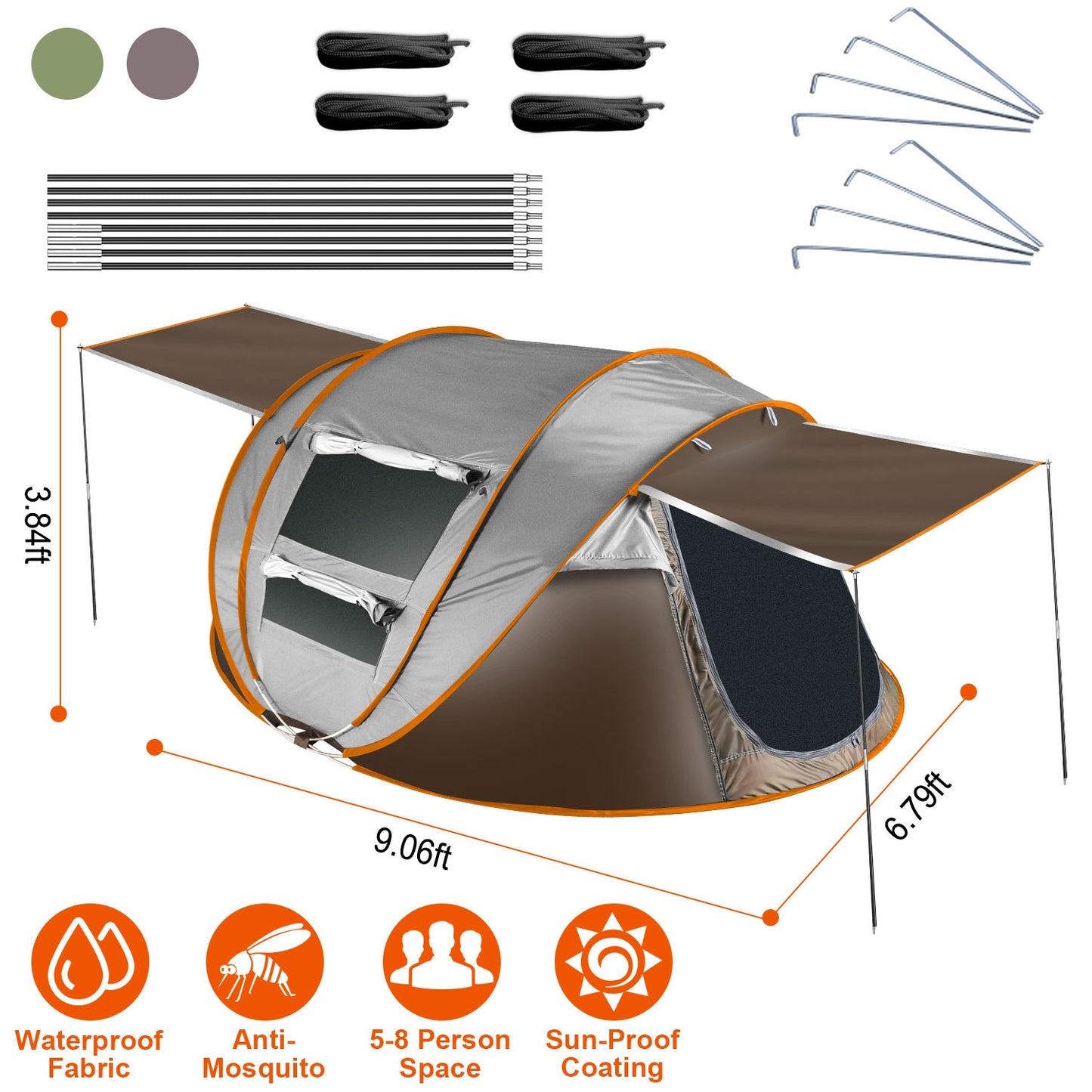 5-8 Person Pop Up Tent Automatic Setup Camping Tent Waterproof InstantÊSetup Tent with 4 Tent Poles 2 Mosquito Net Windows Carrying Bag for Hiking Cli