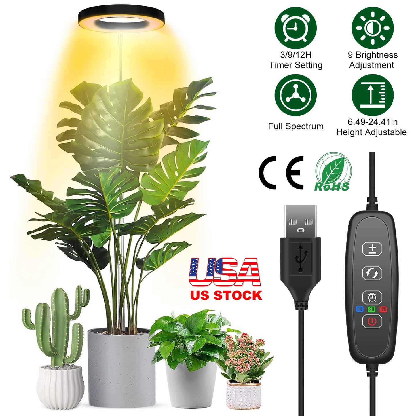 Plant Grow Light LED Full Spectrum Circle Growing Lamp with 3/9/12Hours Auto Timer Setting 9 Dimmable Brightness Height Adjustable for Indoor Plants