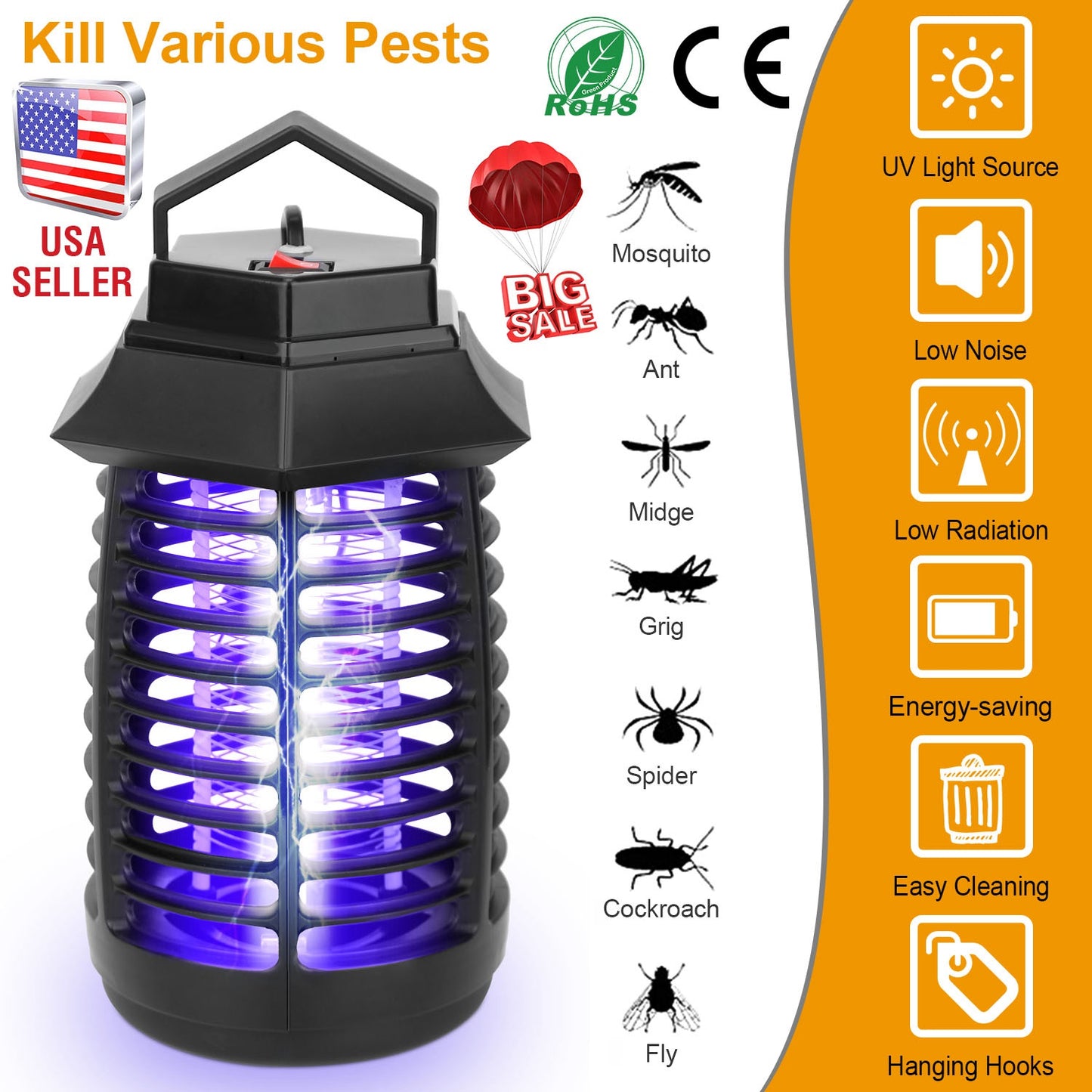 Bug Zapper Electric UV Mosquito Killer Lamp Insect Killer Light Pest Fly Trap Catcher Harmless Odorless Noiseless Narrow Safe Gap For Home Restaurant
