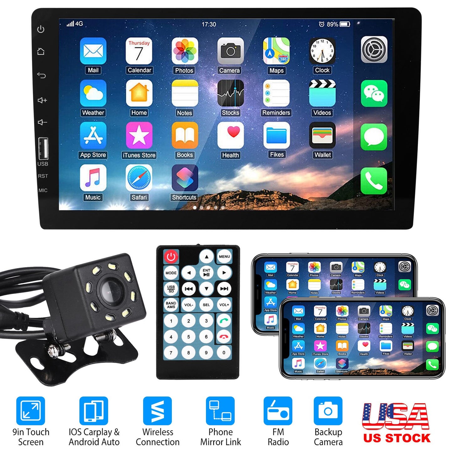 9in Car MP5 Stereo Player Touch Screen 1080P Wireless Car Radio FM USB AUX Back up Camera Mirror Link Remote Control