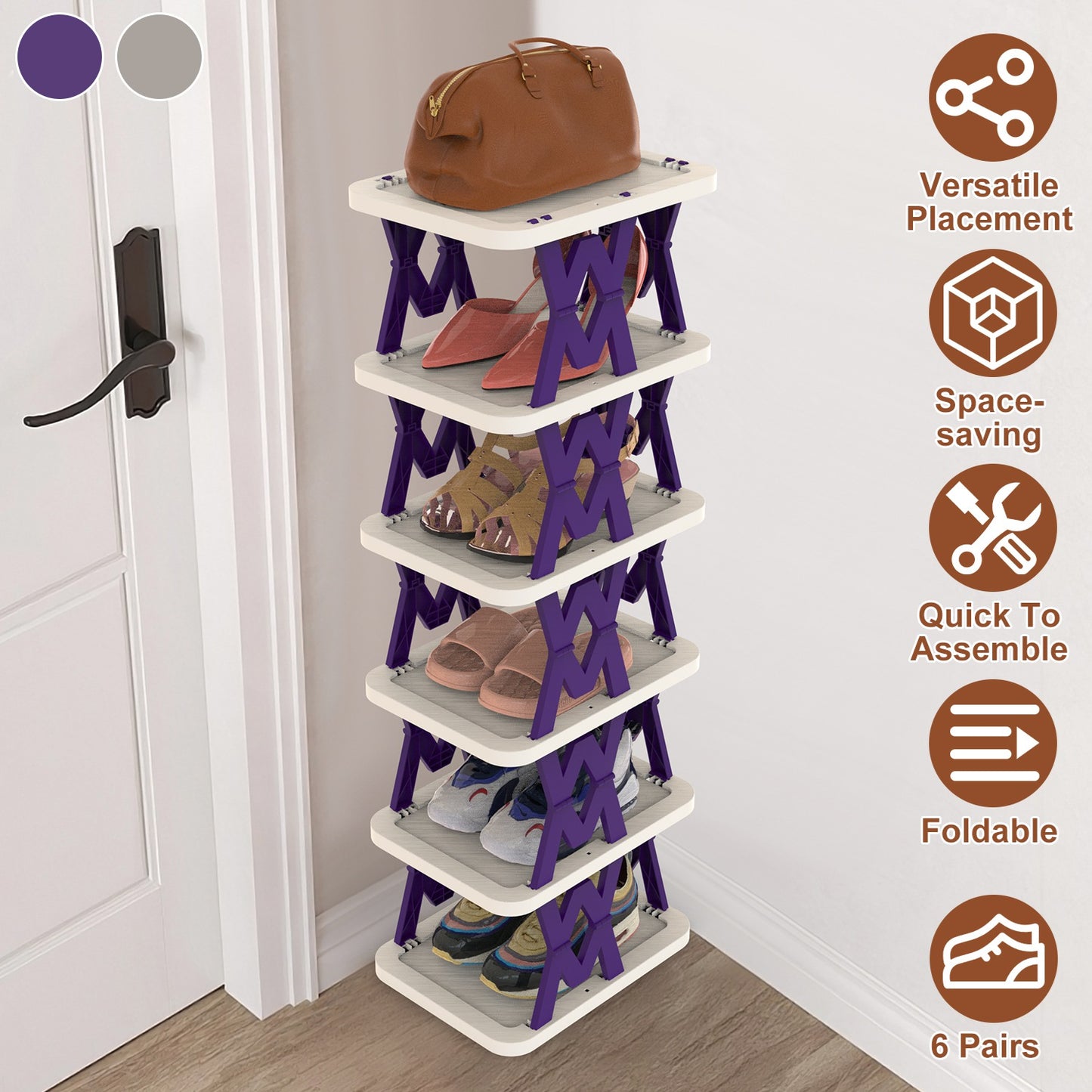 6 Tier Foldable Shoe Rack Vertical Shoe Organizer Narrow Shoe Rack for Small Spaces Space Saving Free Standing for Corner Entryway Hallway Bedroom