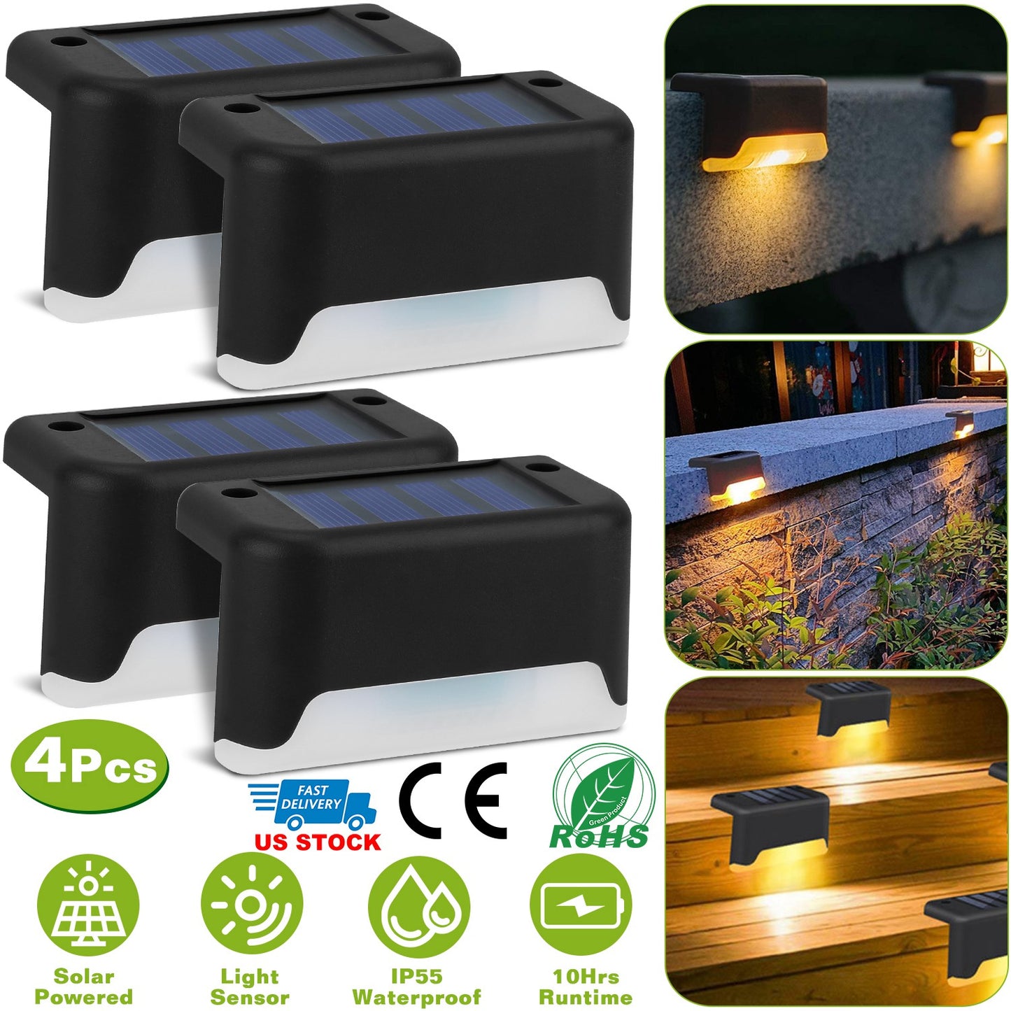 4Pcs Solar Powered LED Step Lights Outdoor IP55 Waterproof Dusk To Dawn Sensor Fence Lamps For Stairs Yard Railing