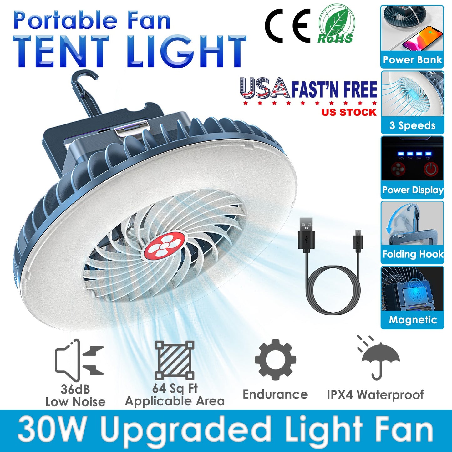 Portable Camping Fan Rechargeable Hanging Tent Lamp Emergency Power Bank with 3 Fan Speeds 2 Lighting Brightness