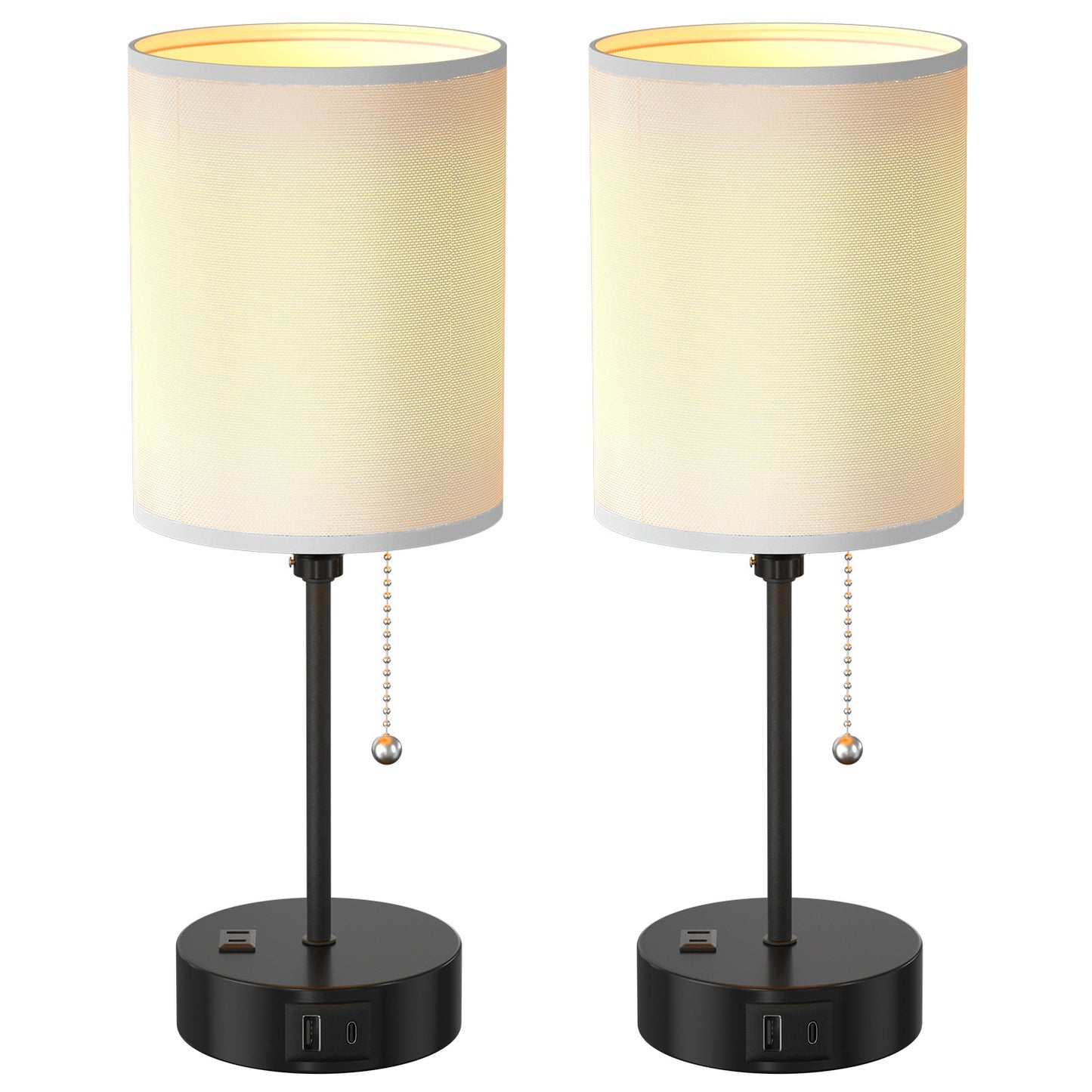 2Pcs Beside Lamps for Bedroom 3 Color Modes Nightstand Lamp USB C+A AC Output Ports Pull Chain E26 Bulb Light