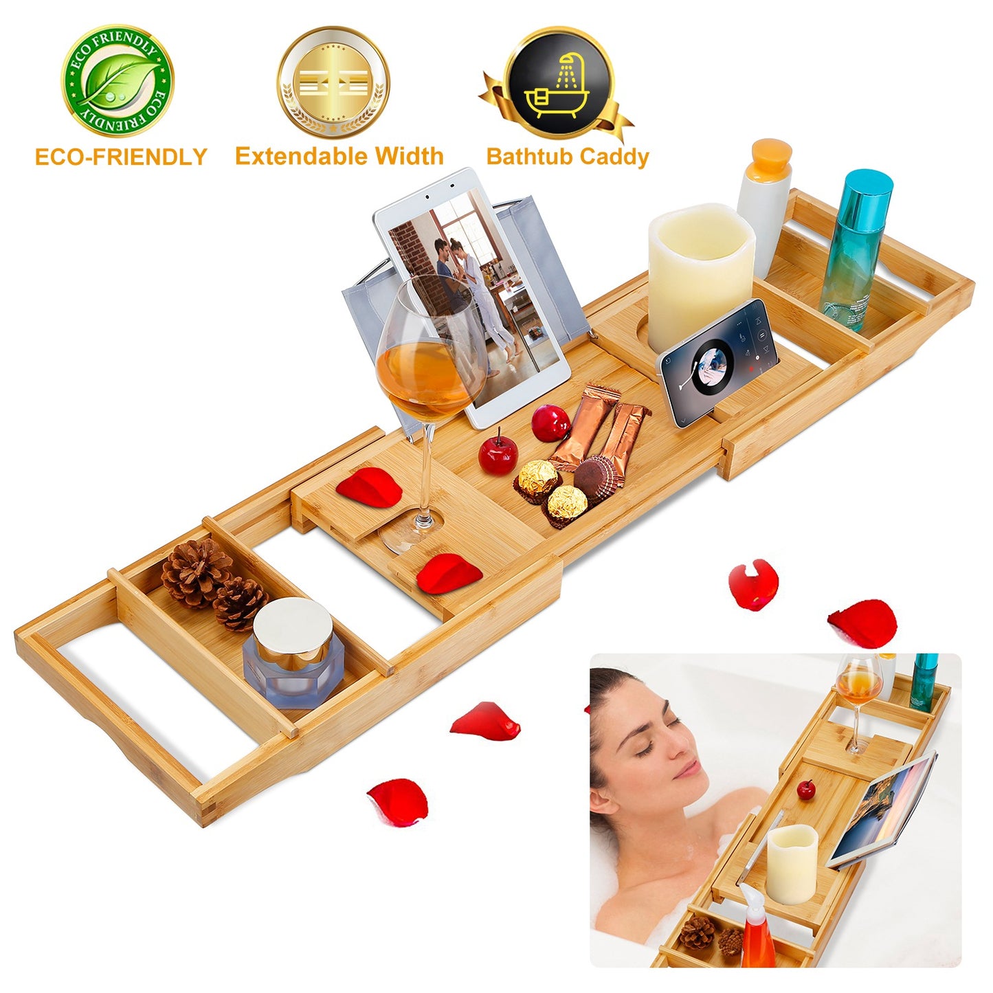Bathtub Caddy Tray Crafted Bamboo Bath Tray Table Extendable Reading Rack Tablet Phone Holder Wine Glass Holder Shelf Desk Bathroom Spa