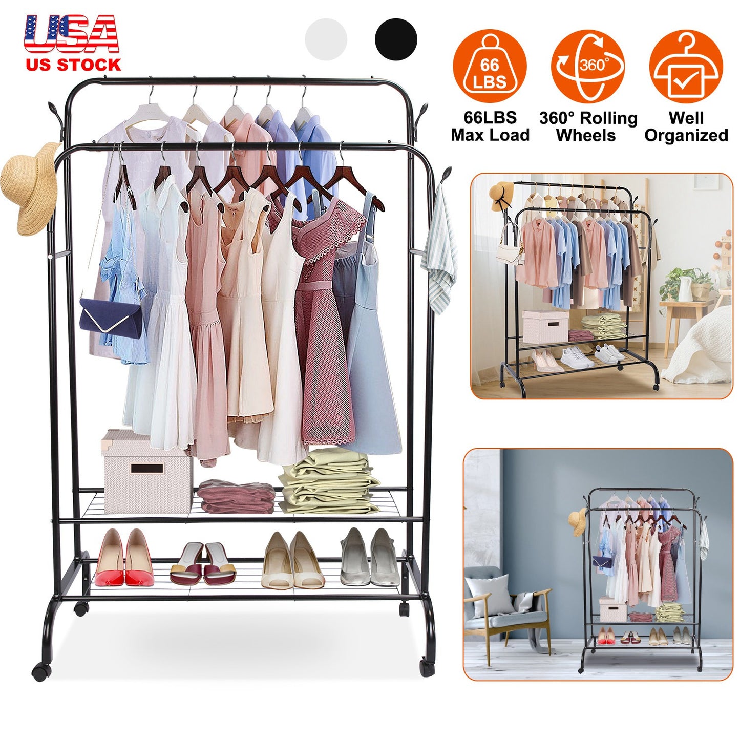 Garment Hanging Rack Clothing Hanging Rail Pillow Shoe Display Organizer Clothes Organizer Stand with 2 Rails 2 Shelves 4 Rolling Wheels 4 Hooks