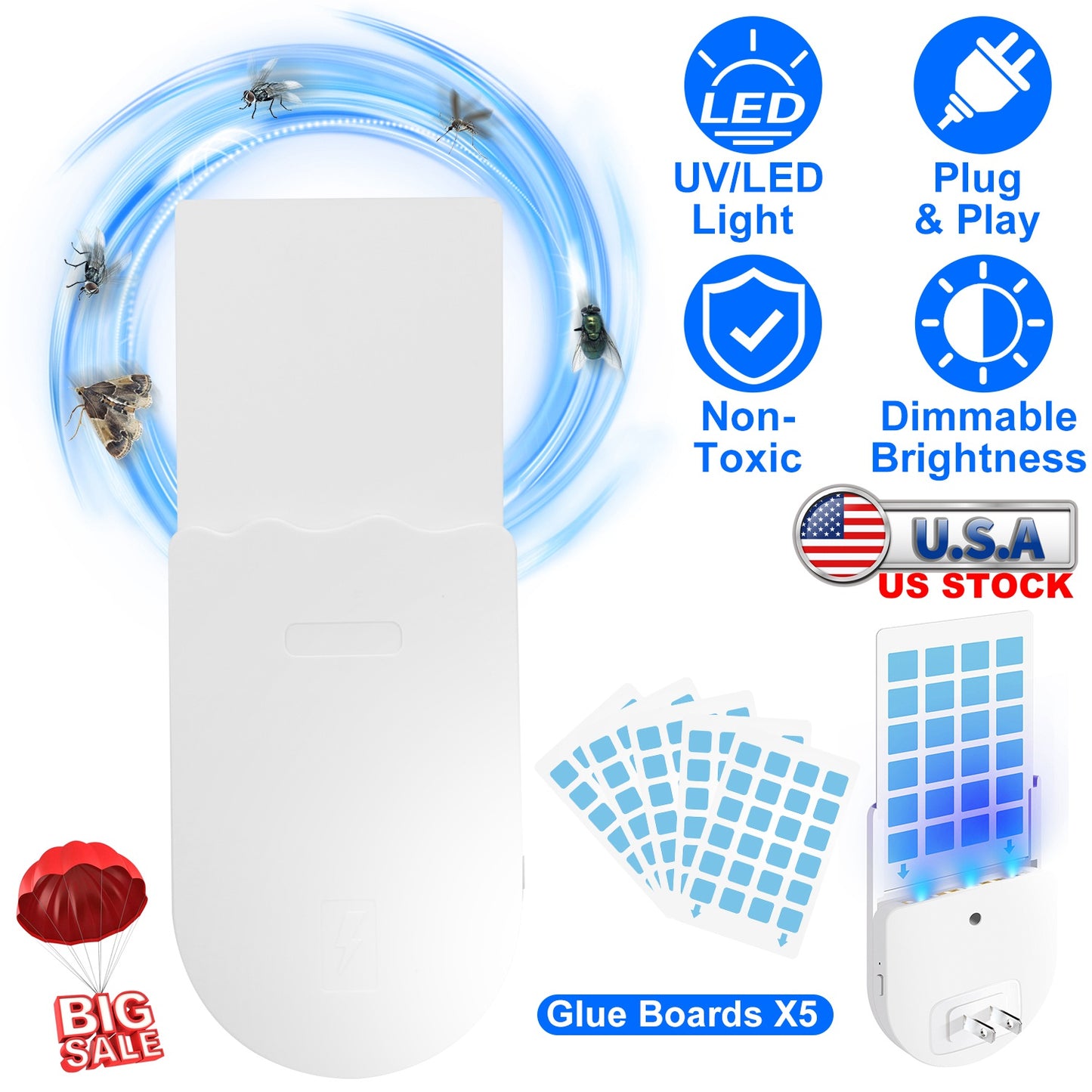 Plug-In Indoor Flying Insect Trap 5 Glue Boards UV Light Mosquito Killer With Night Light Dimmable Brightness Fly Odorless Safe Bug Zapper for Gnat Mo