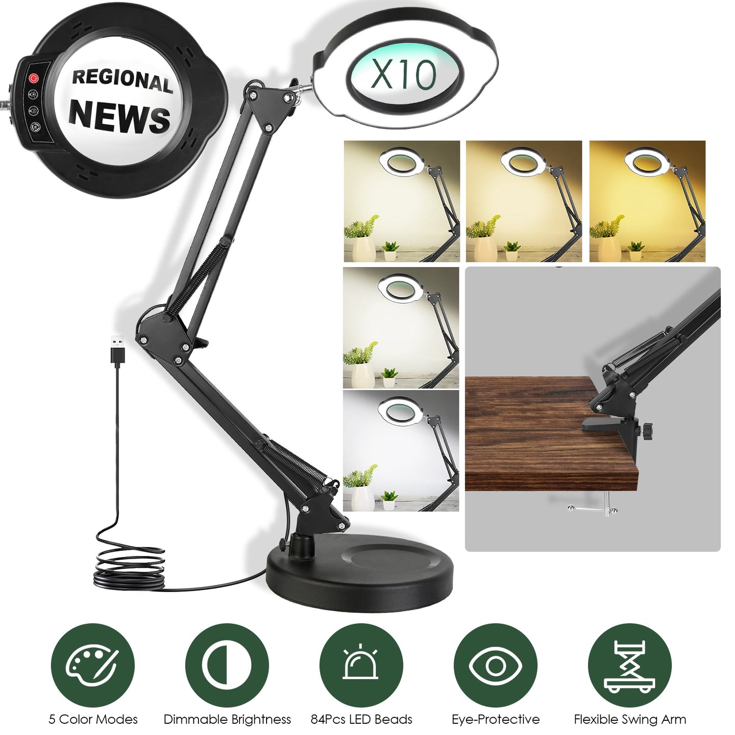 10X Magnifying Lamp – Adjustable Light, Clamp Stand, 5 Color Modes